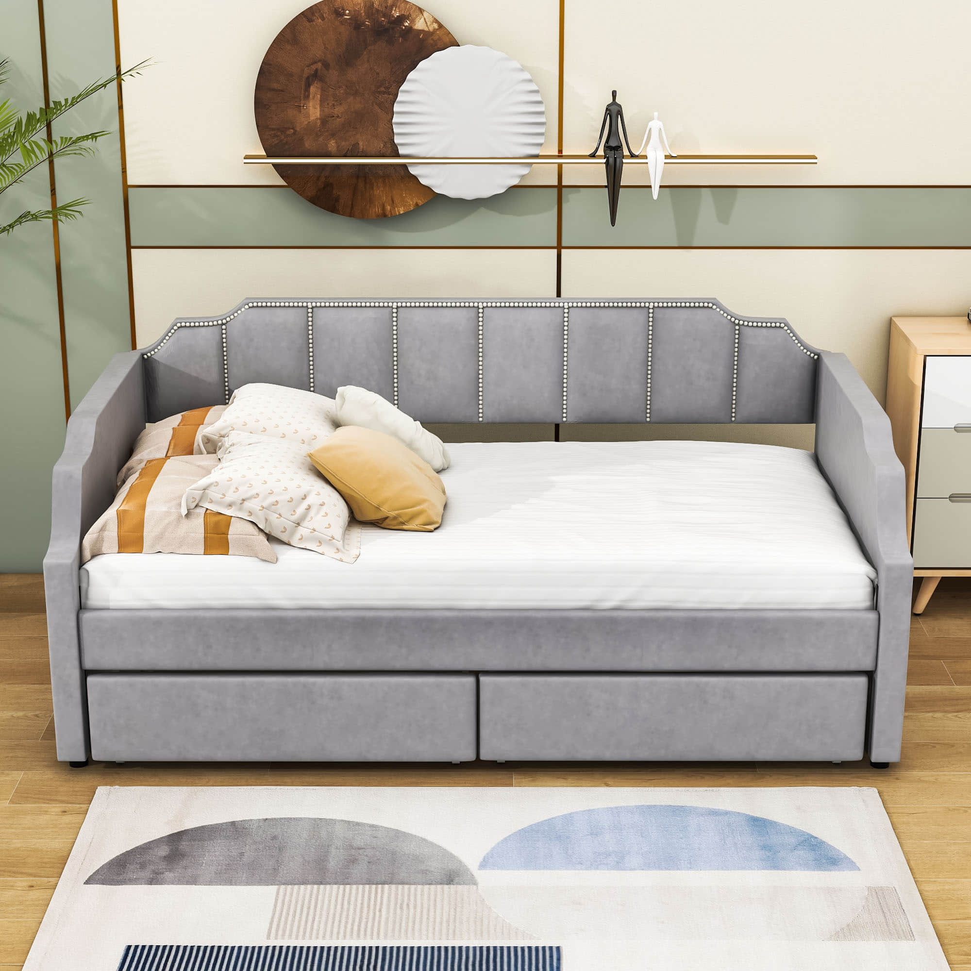 Modern Twin Size Upholstered Daybed with Storage Drawers