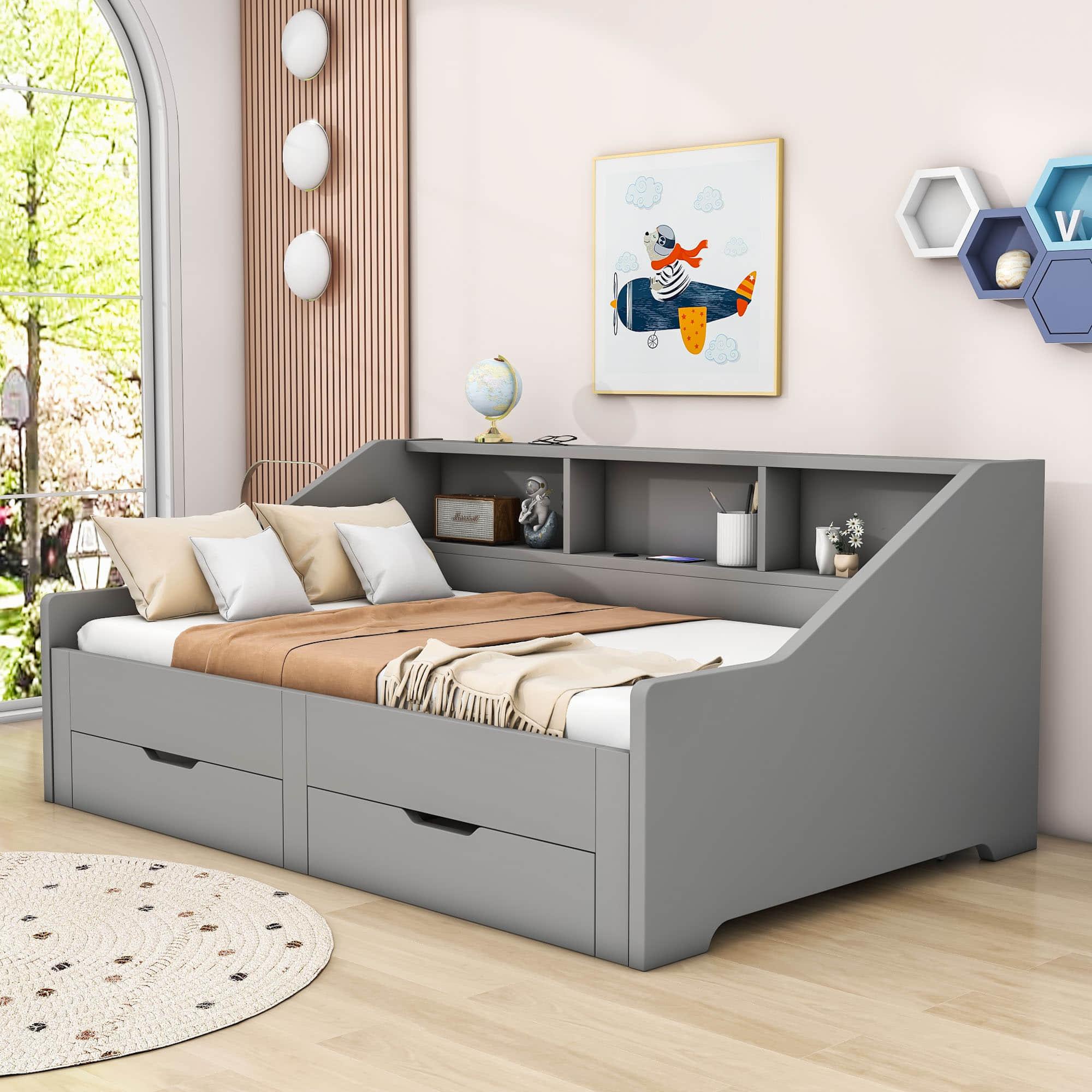 Wooden Twin to King Extendable Daybed with Pull-out Trundle and Storage