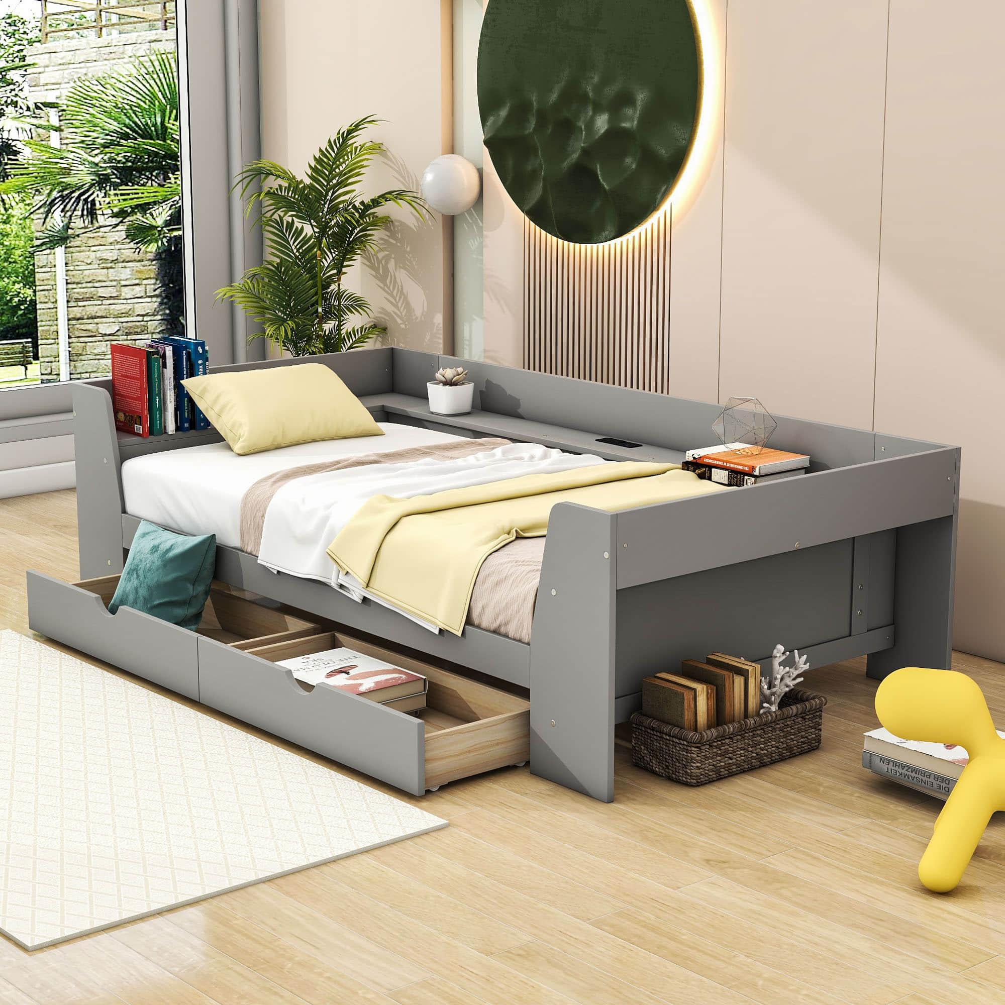 Wooden Twin Daybed with Storage and Charging Station - [Low]