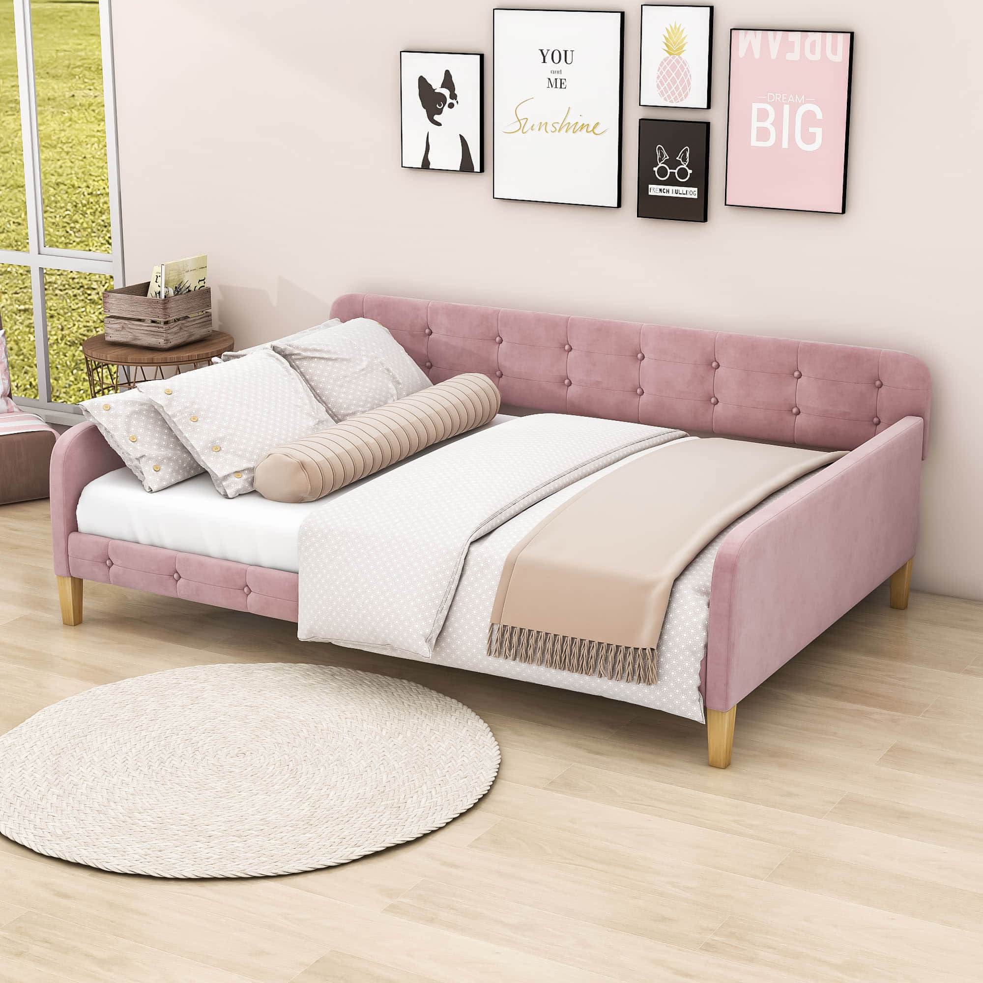 Modern Full Size Velvet Upholstered Daybed with Slats