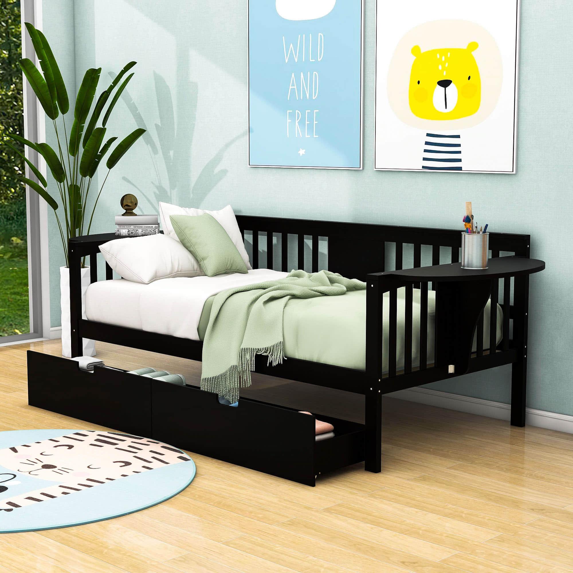 Wood Twin Daybed with Storage - [Drawers, Side Shelves]