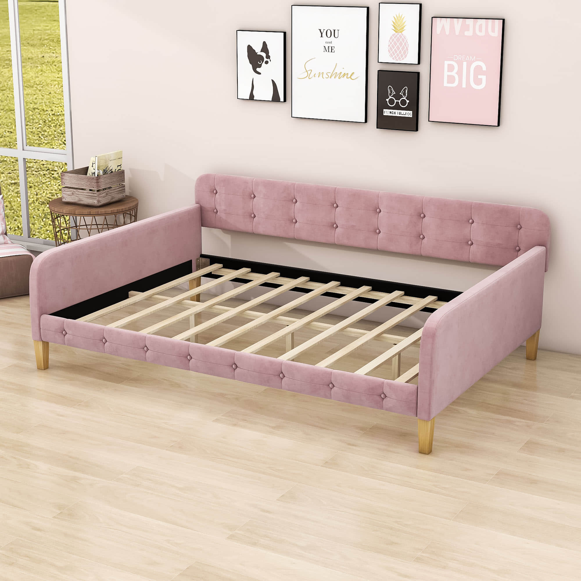 Modern Full Size Velvet Upholstered Daybed with Slats