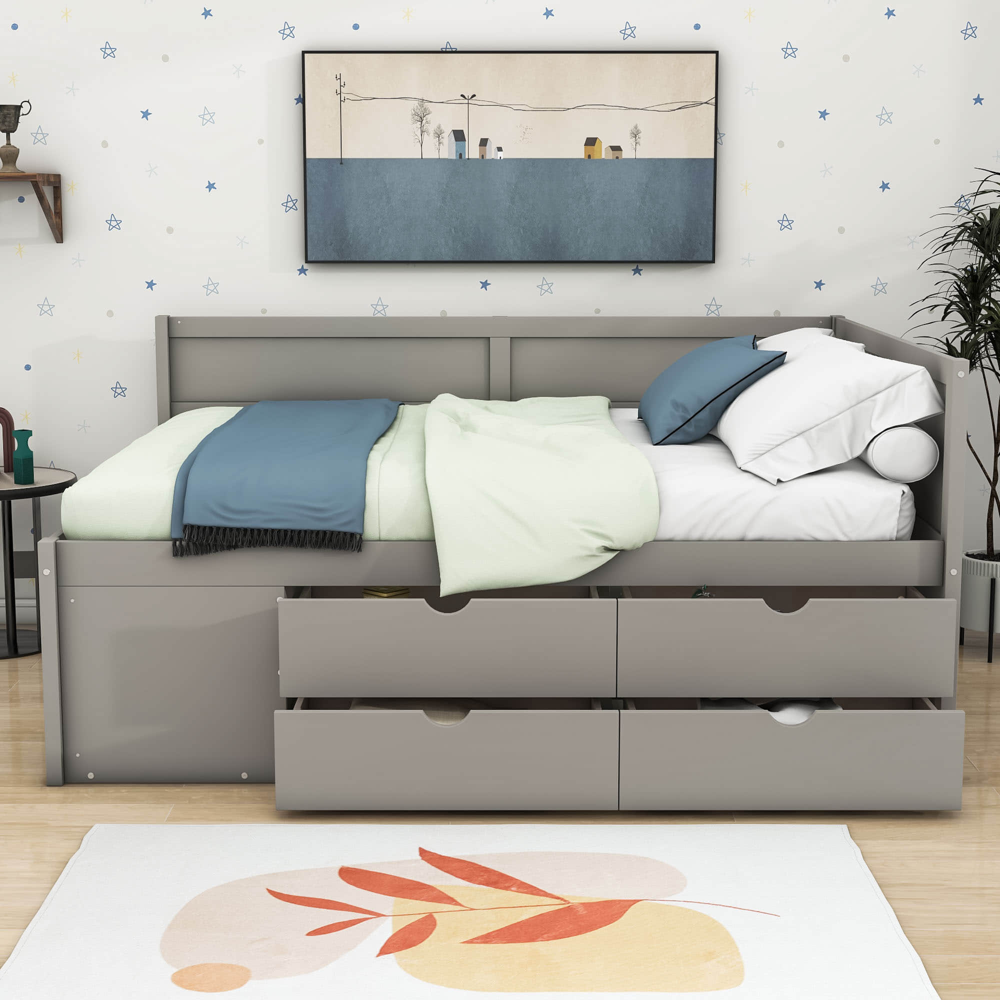 Wood Full Size Daybed with Storage Drawers and Shelves for Kids, Adults