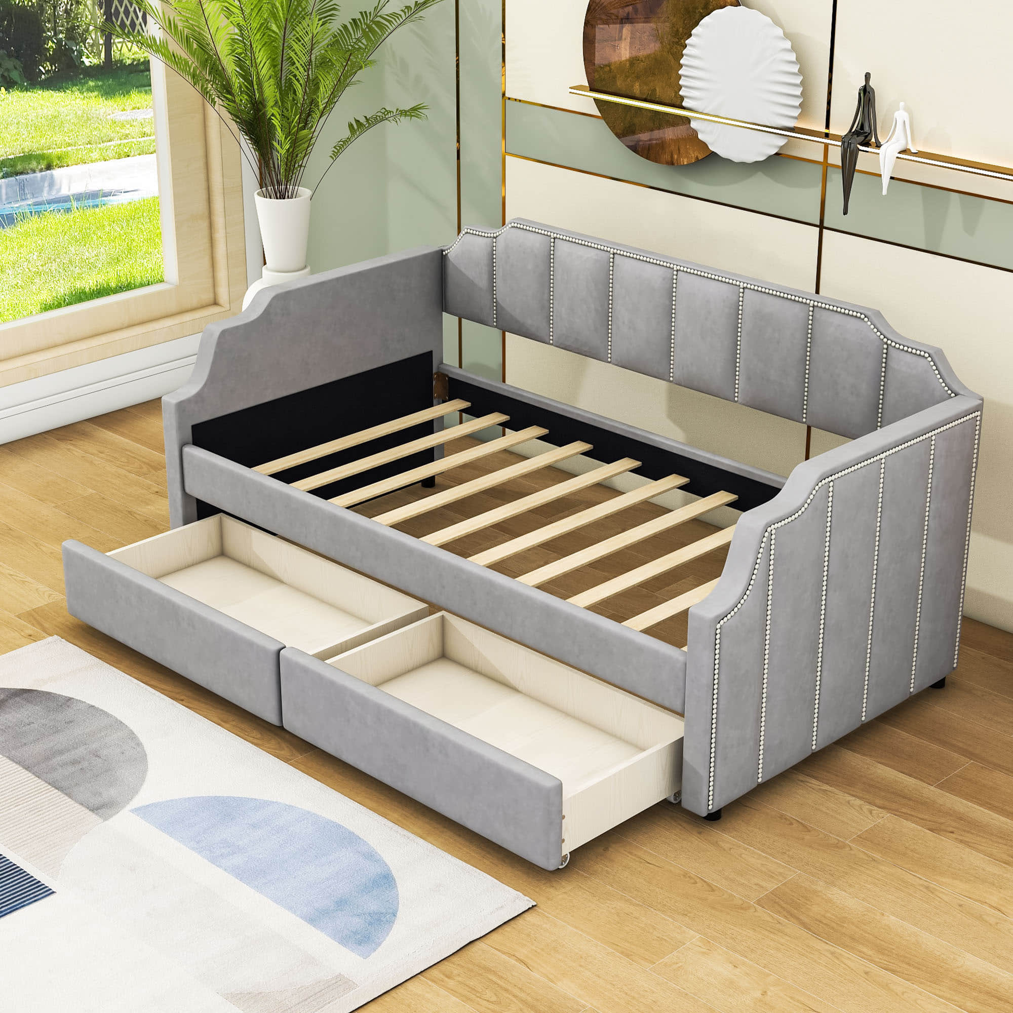 Modern Twin Size Upholstered Daybed with Storage Drawers