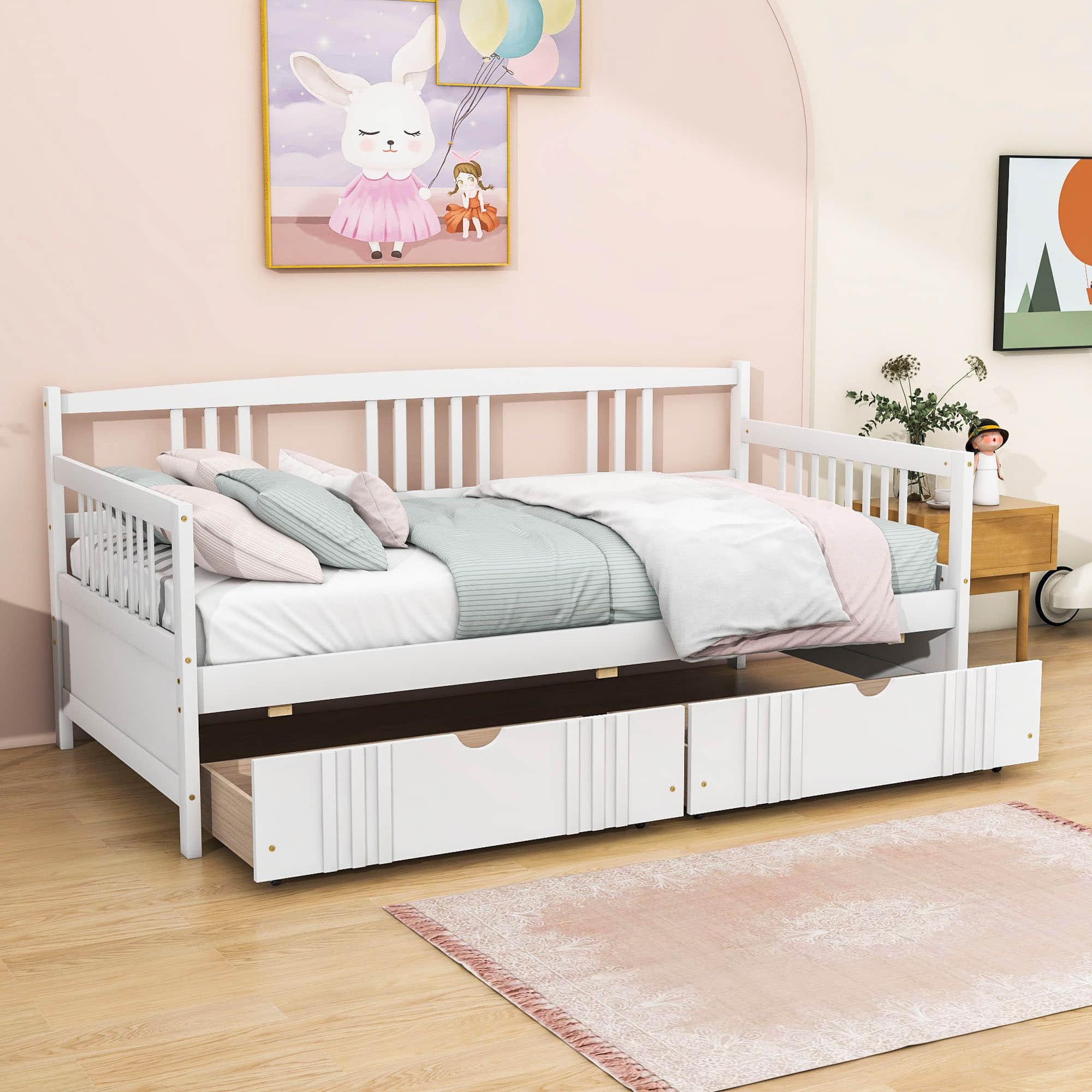 Twin Size Daybed with Storage Drawers - [Wood, Slat Back]