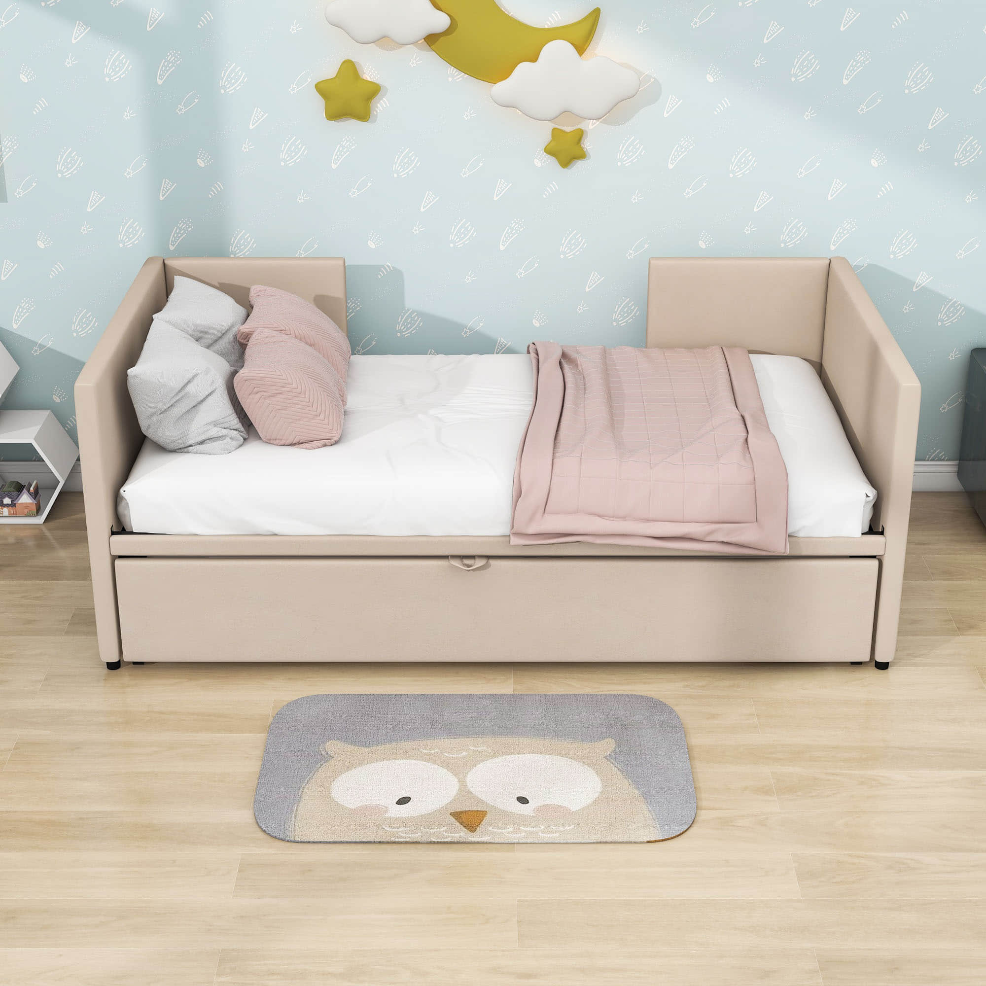 Twin Size Upholstered Daybed with Adjustable Pop Up Trundle