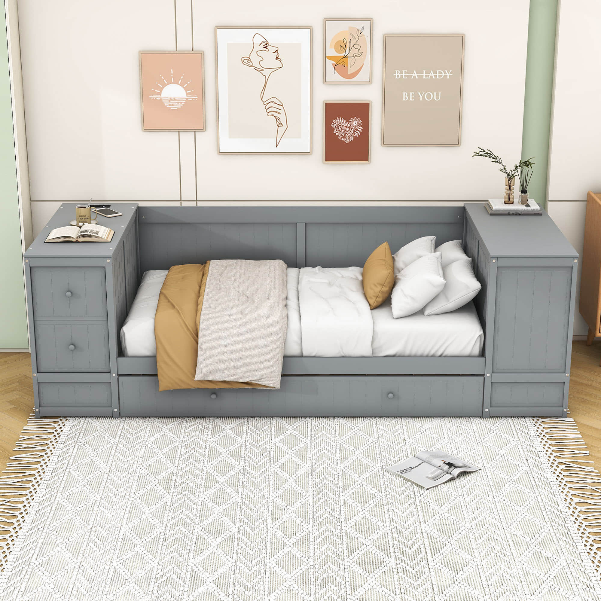 Smart Twin Daybed with Trundle Bed and Storage Arms, Charging Station