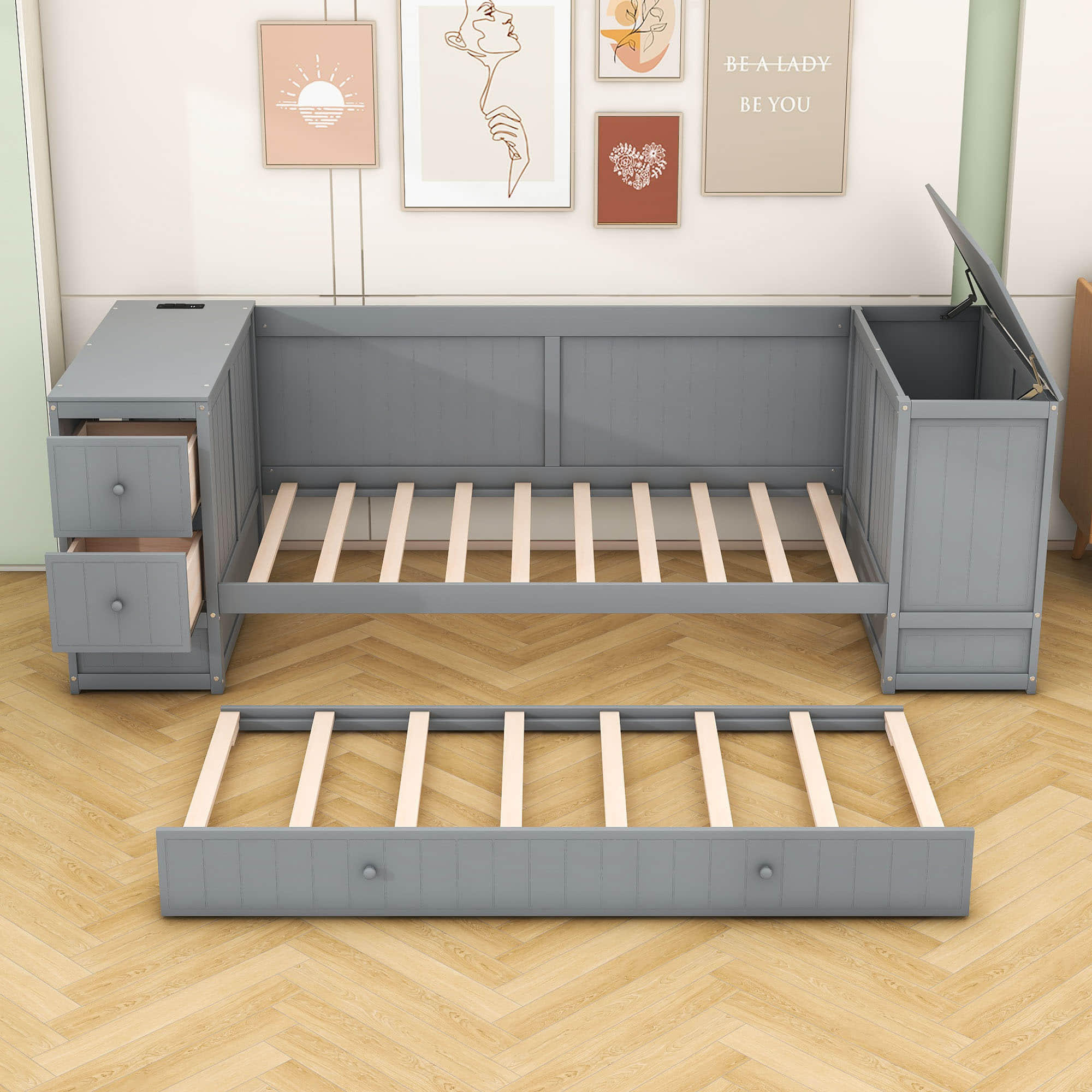 Smart Twin Daybed with Trundle Bed and Storage Arms, Charging Station