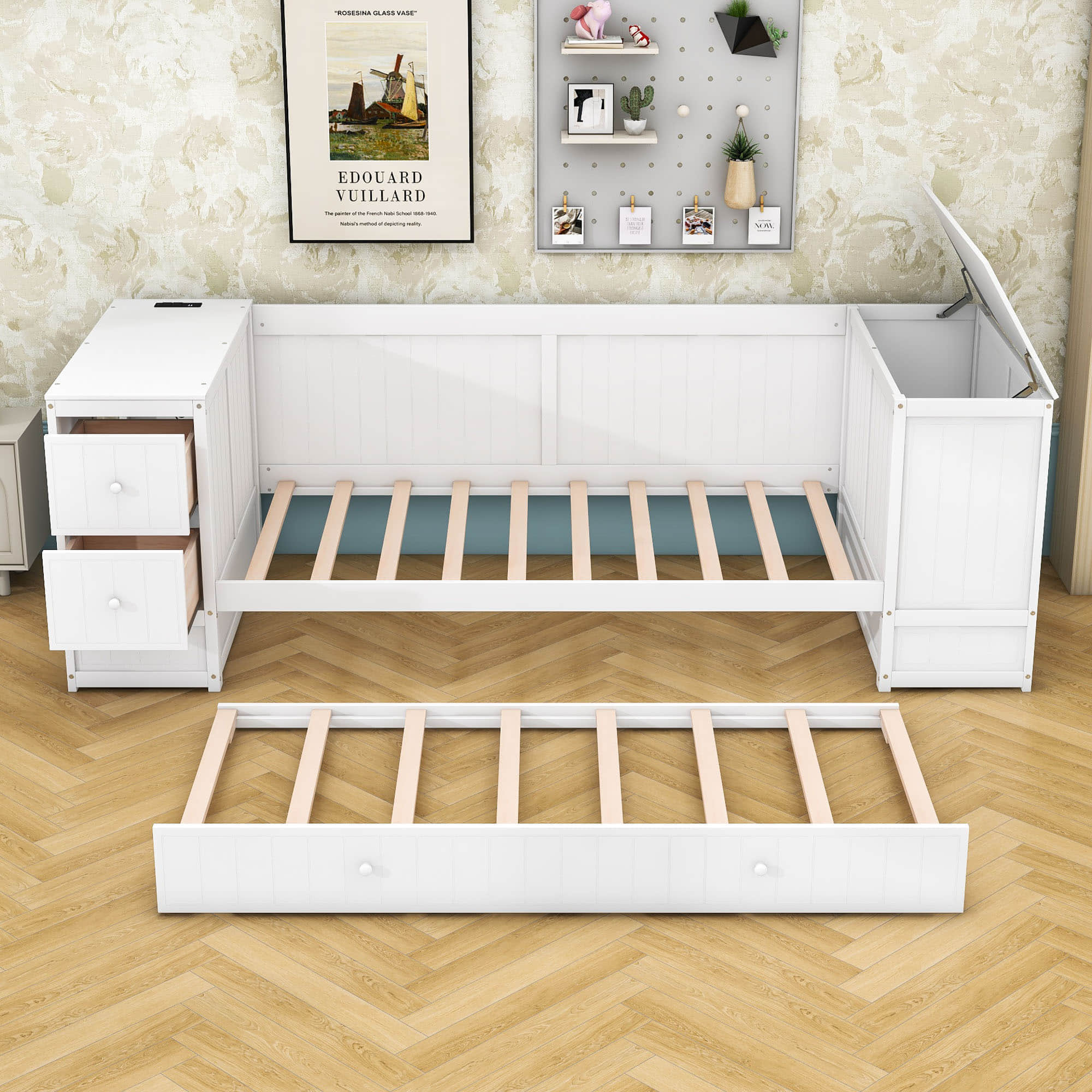 Smart Twin Daybed with Trundle Bed and Storage Arms, Charging Station