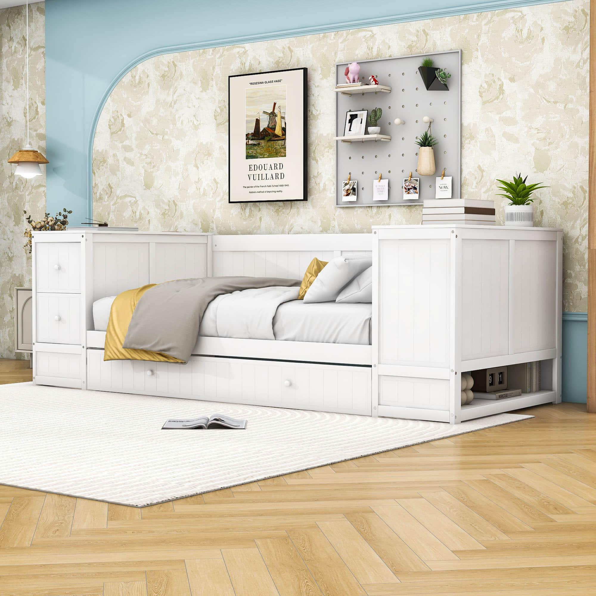 Smart Twin Daybed with Trundle Bed and Storage Arms, Charging Station