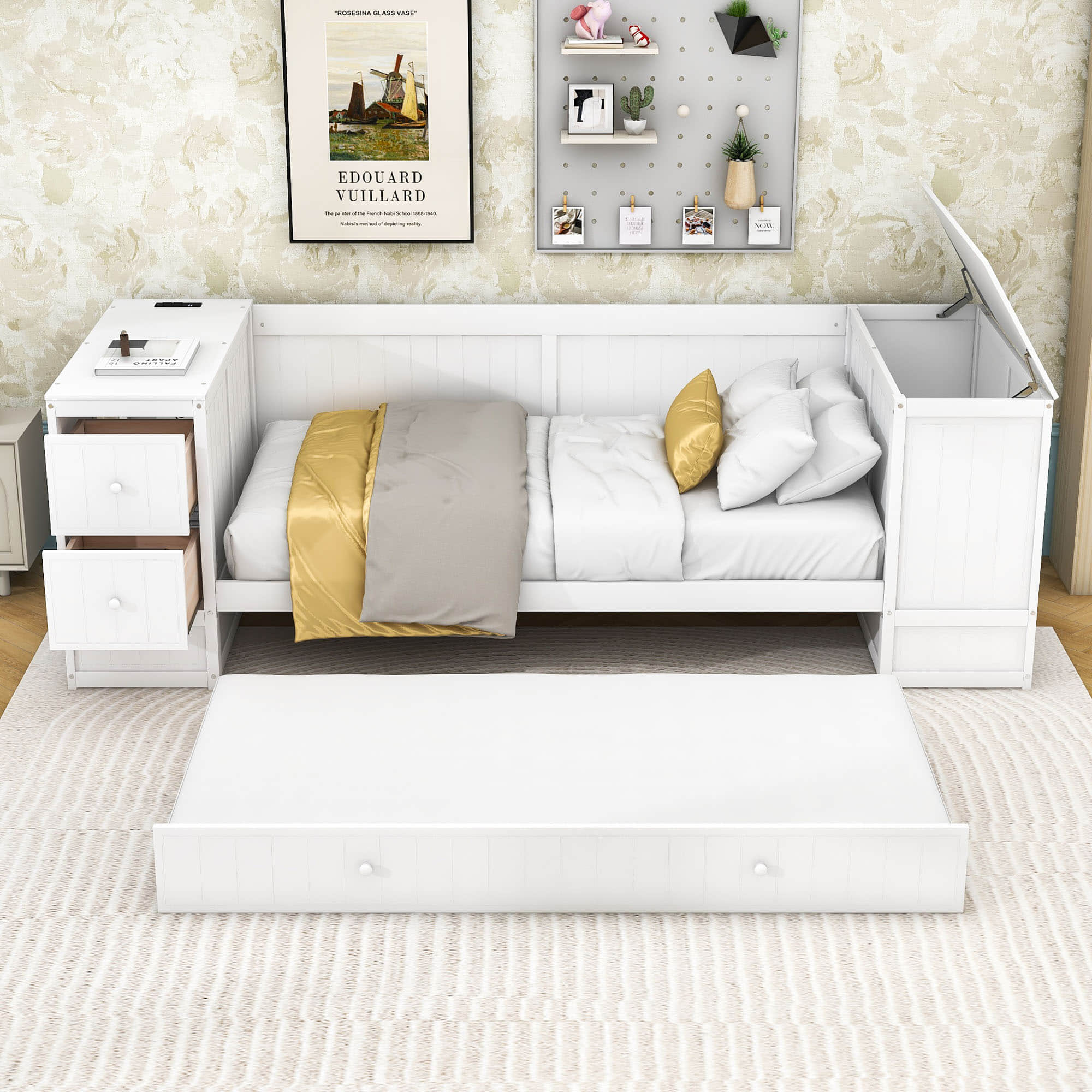 Smart Twin Daybed with Trundle Bed and Storage Arms, Charging Station