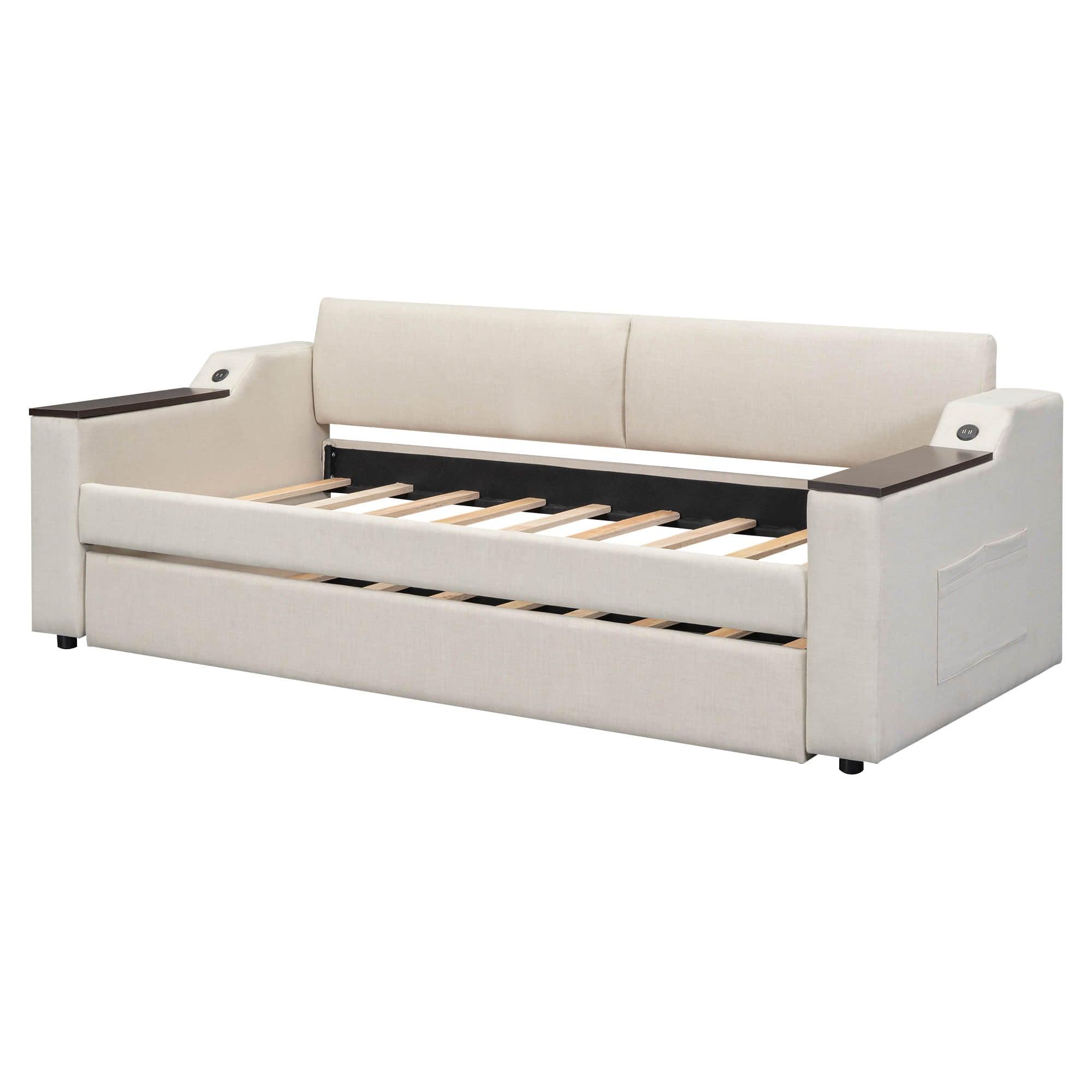 Smart Twin Size Upholstered Daybed Sofa with Trundle and Storage - [USB Ports]