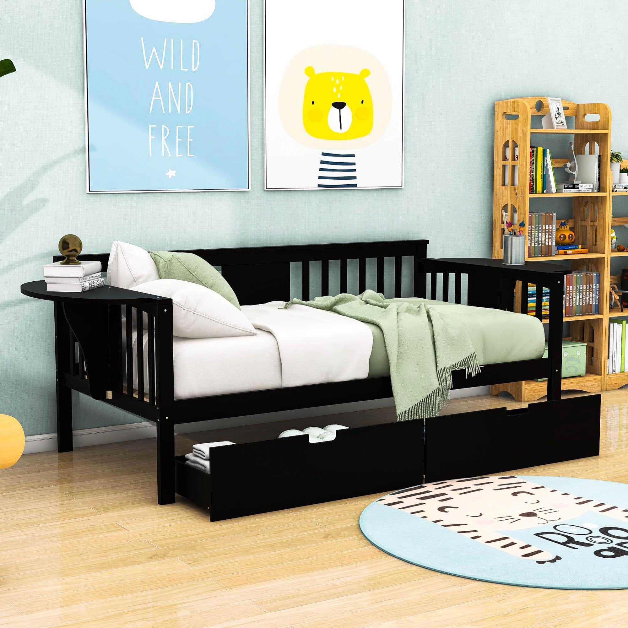 Wood Twin Daybed with Storage - [Drawers, Side Shelves]