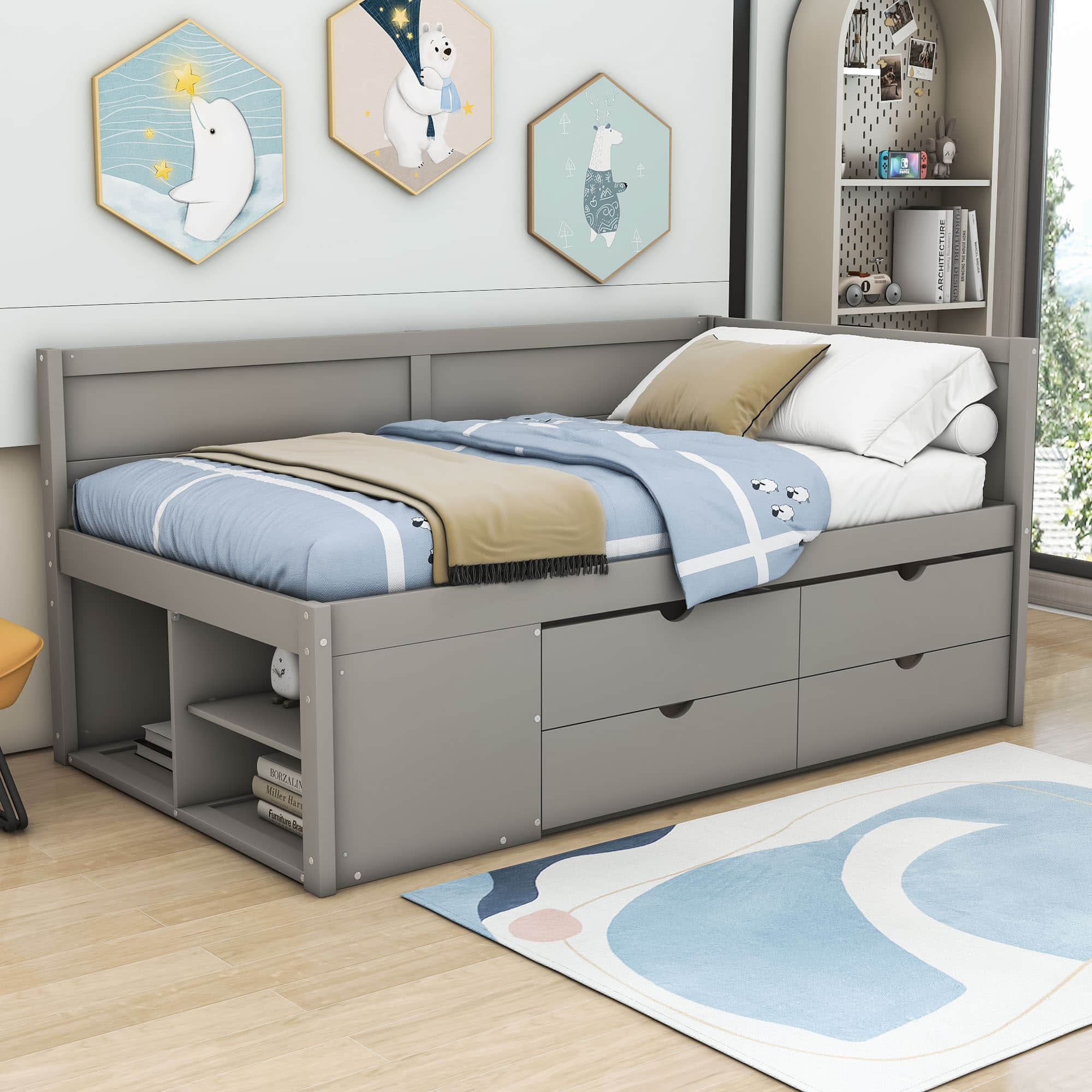 Wood Twin Daybed with Storage Drawers and Shelves for Kids