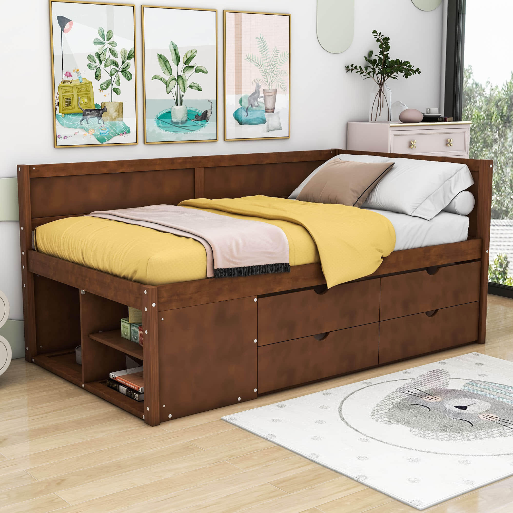 Wood Twin Daybed with Storage Drawers and Shelves for Kids