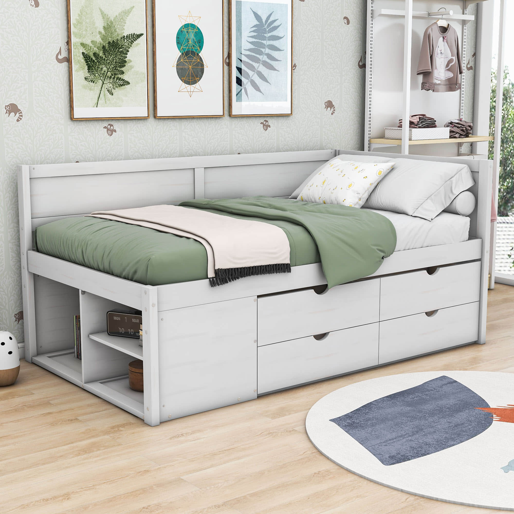 Wood Twin Daybed with Storage Drawers and Shelves for Kids