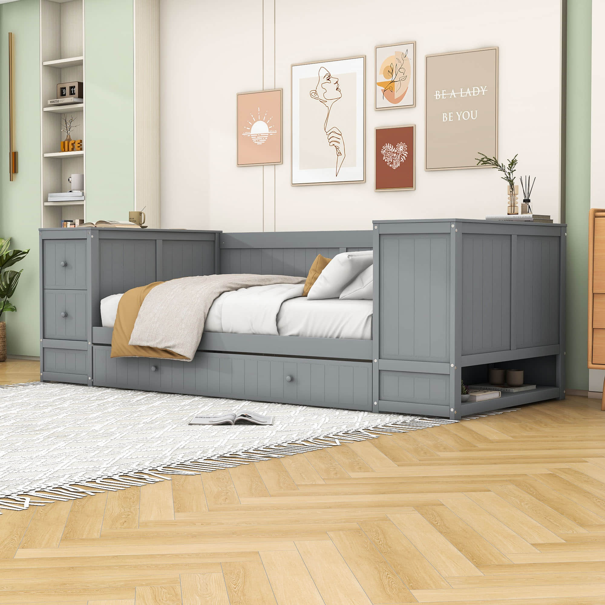 Smart Twin Daybed with Trundle Bed and Storage Arms, Charging Station