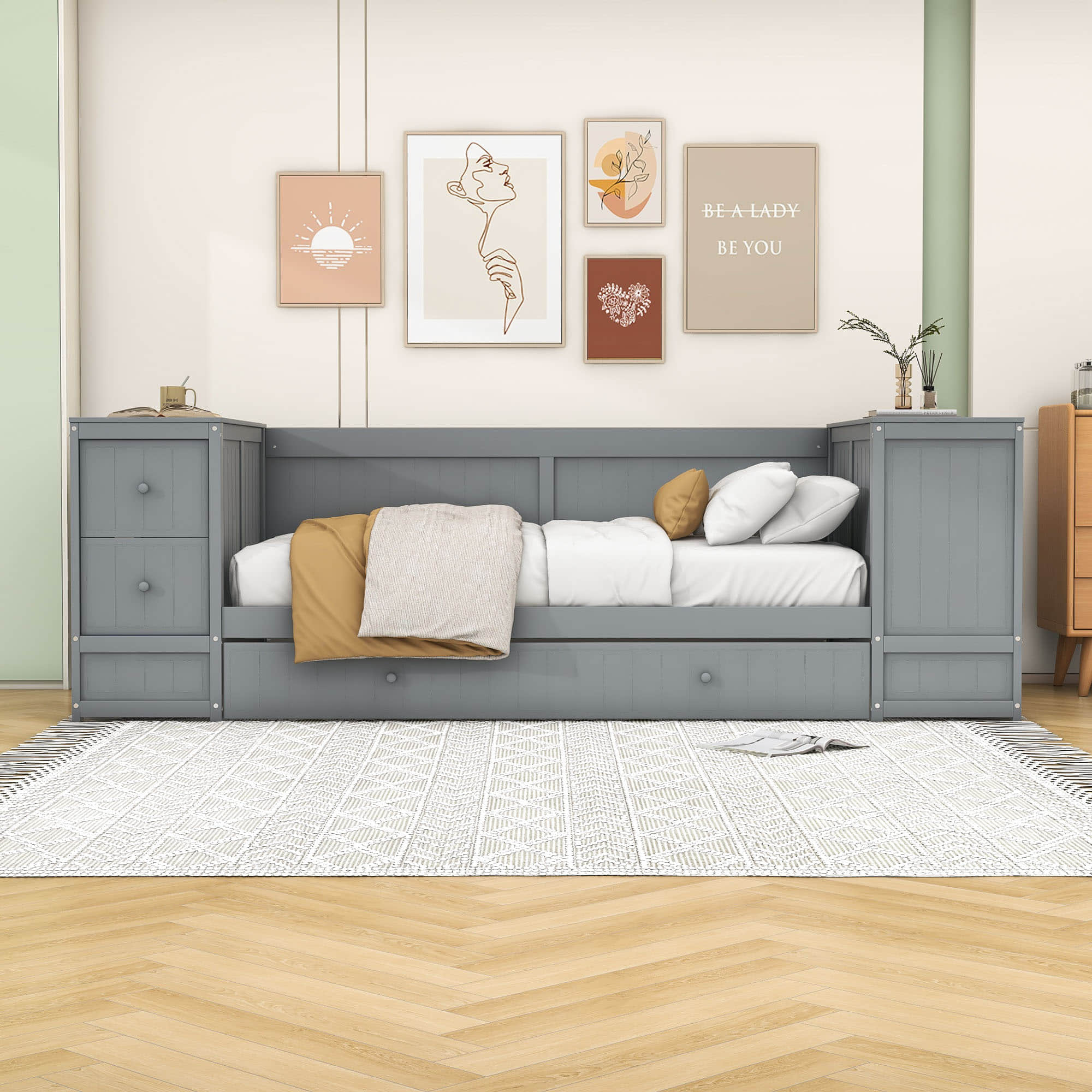 Smart Twin Daybed with Trundle Bed and Storage Arms, Charging Station