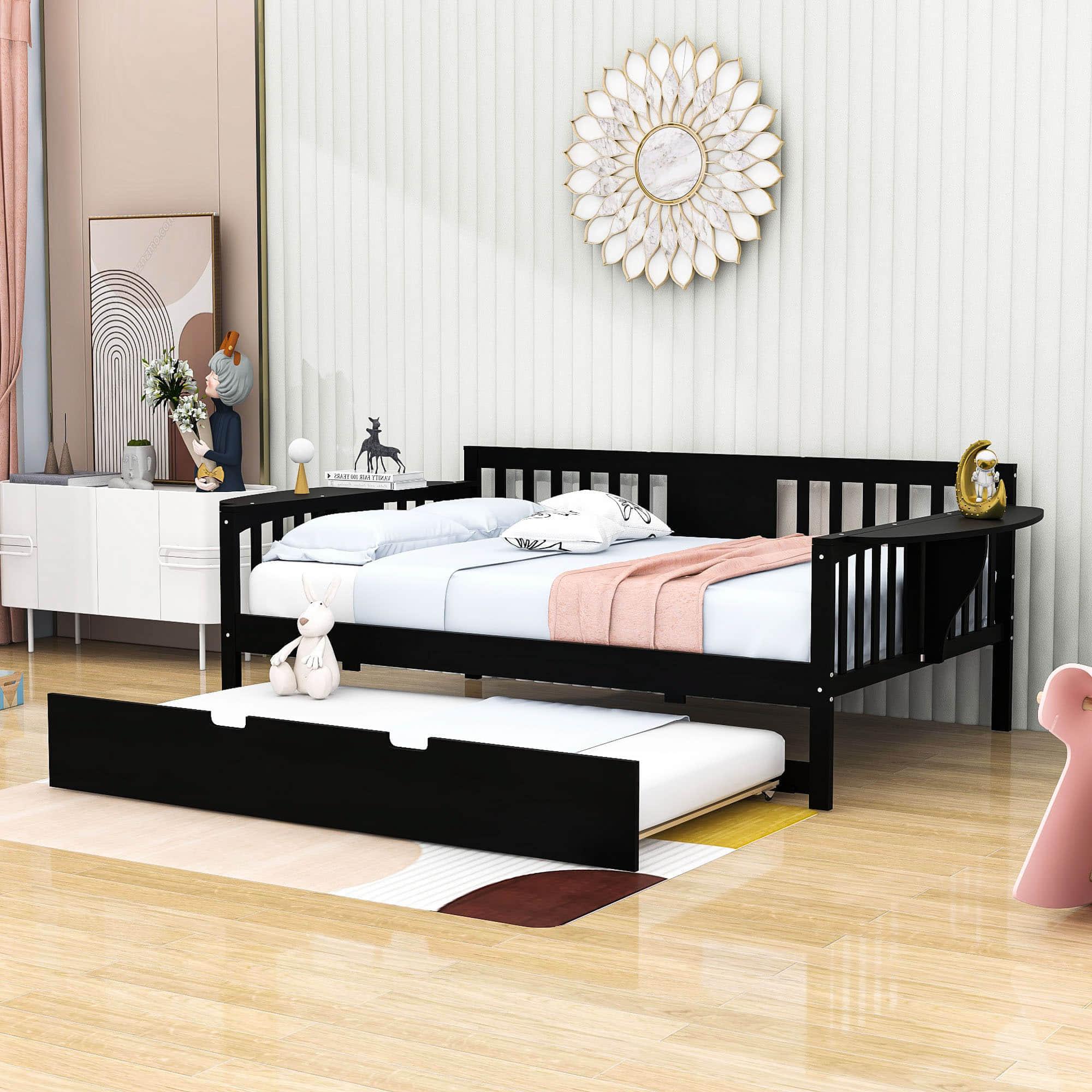 Wooden Full Size Daybed with Trundle Bed and Storage