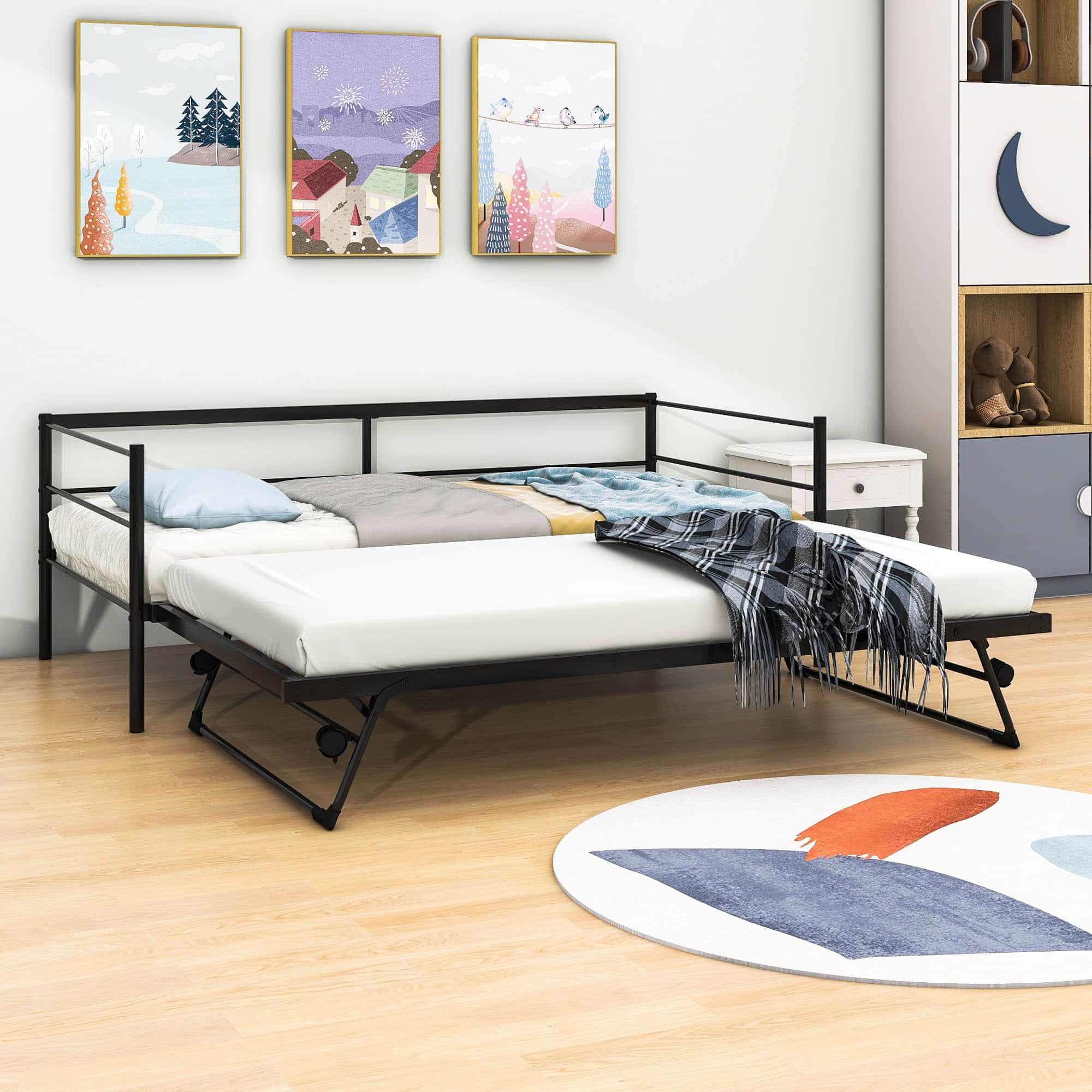 Convertible Metal Twin Daybed with Pop Up Trundle Bed