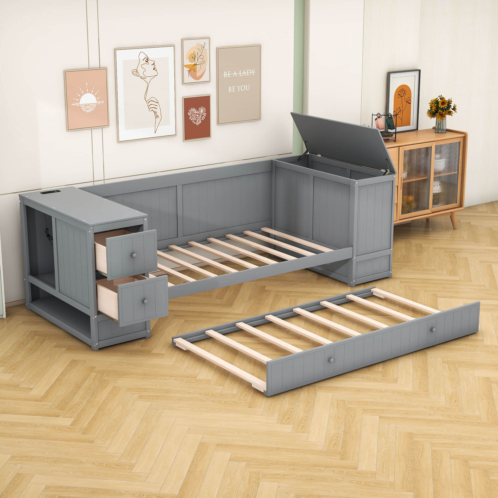 Smart Twin Daybed with Trundle Bed and Storage Arms, Charging Station