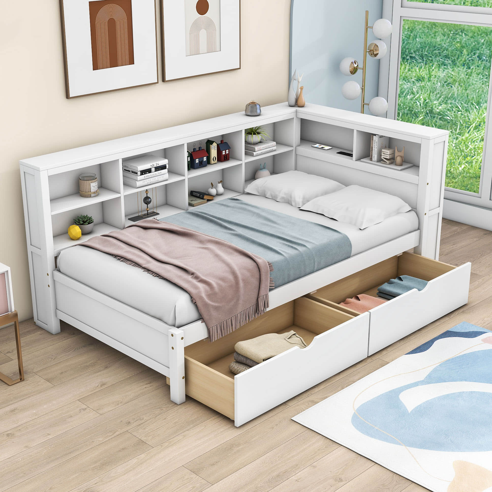 Modern Smart Kids Twin Size Daybed with Storage Drawers and Shelf