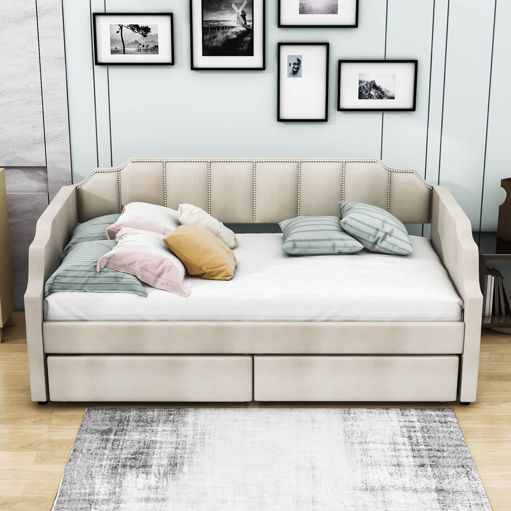 Modern Twin Size Upholstered Daybed with Storage Drawers