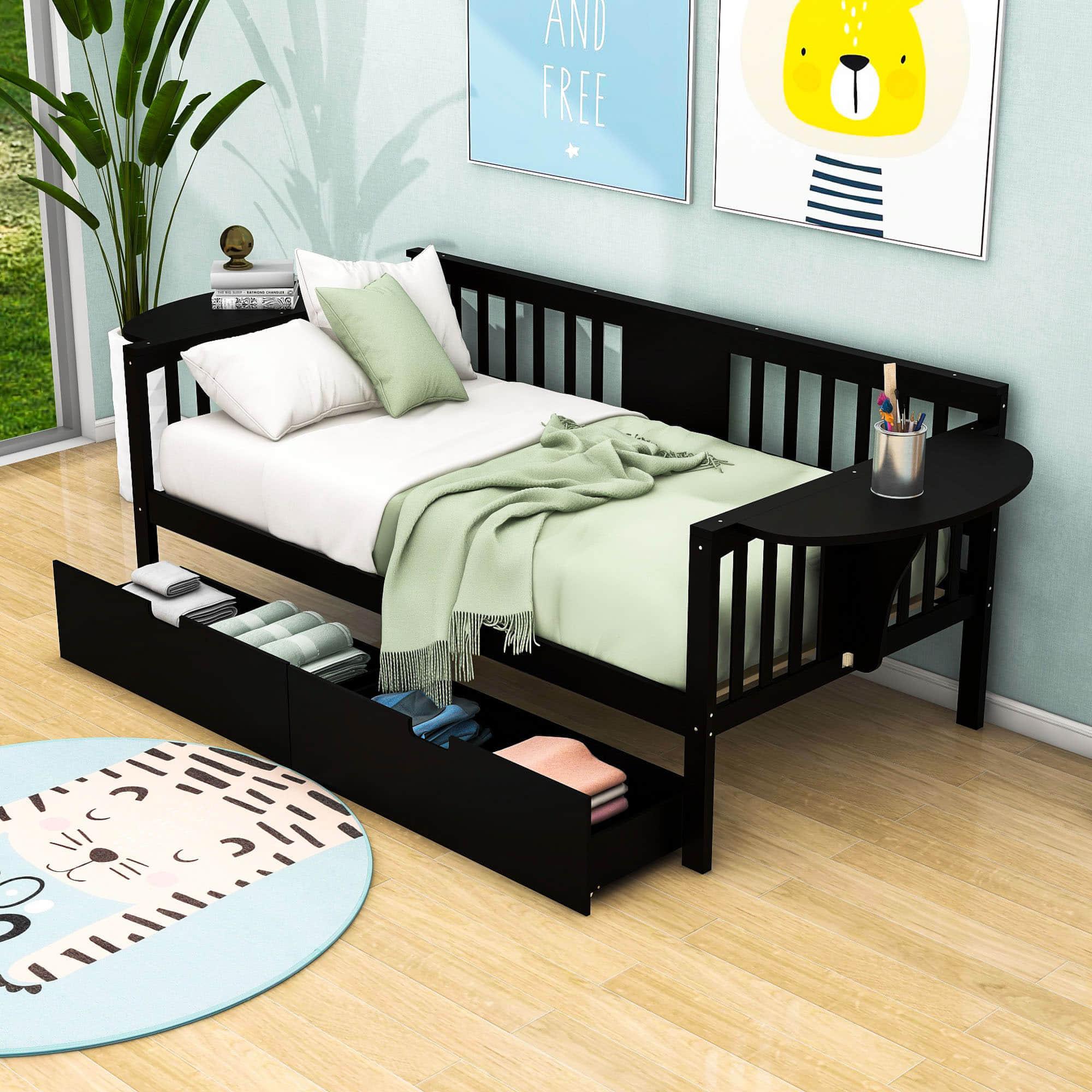 Wood Twin Daybed with Storage - [Drawers, Side Shelves]