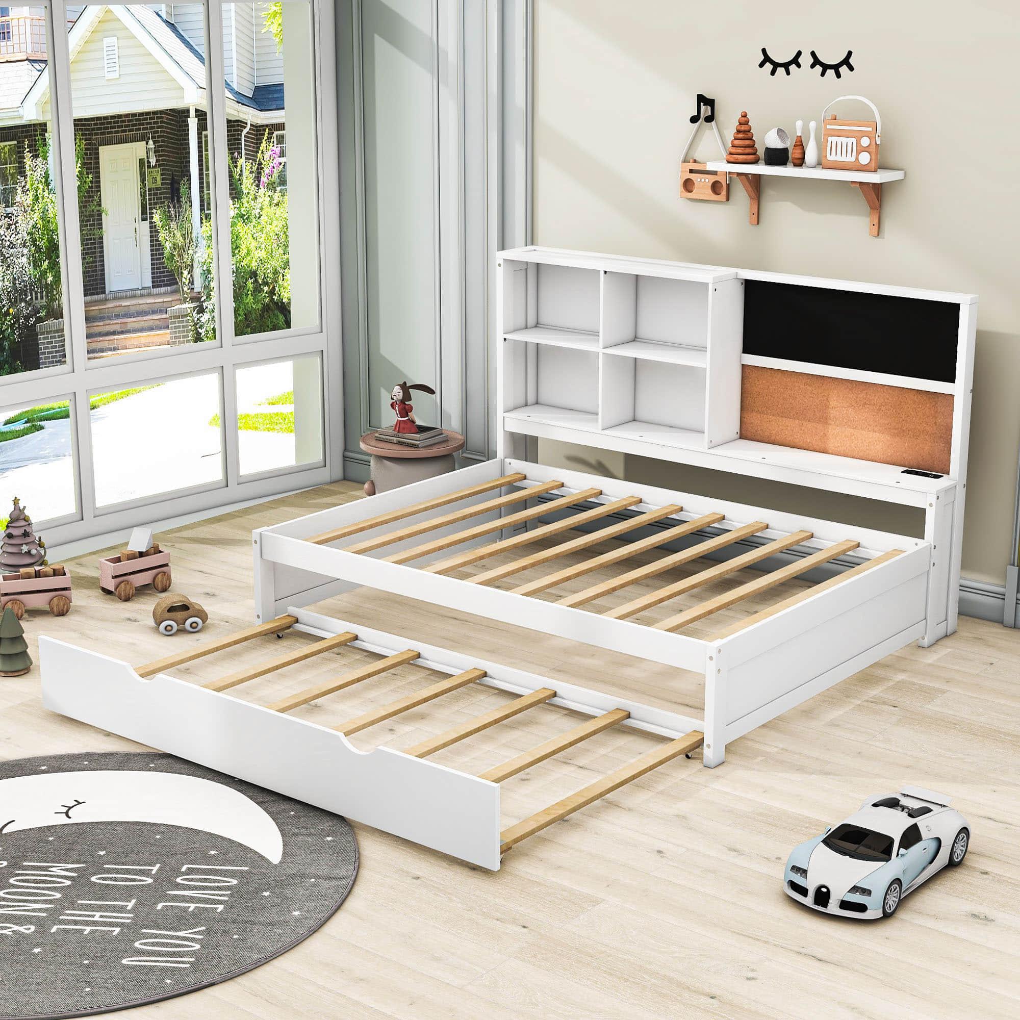 Wooden Smart Full Size Daybed with Trundle and Storage - [Shelves, Chalkboard, USB Ports]