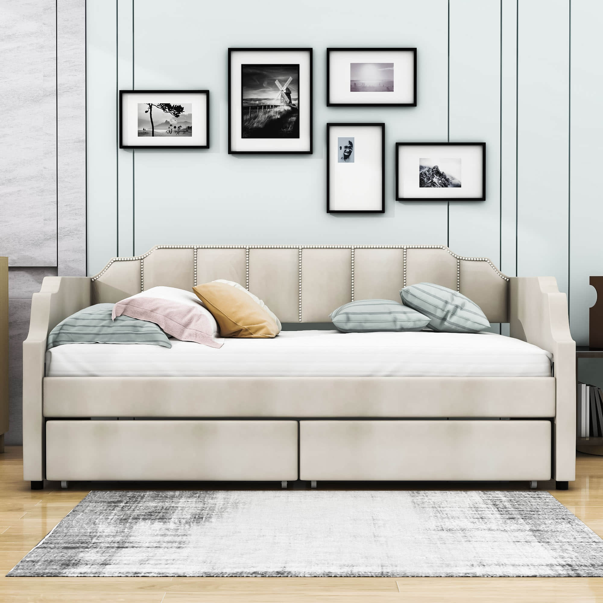 Modern Twin Size Upholstered Daybed with Storage Drawers