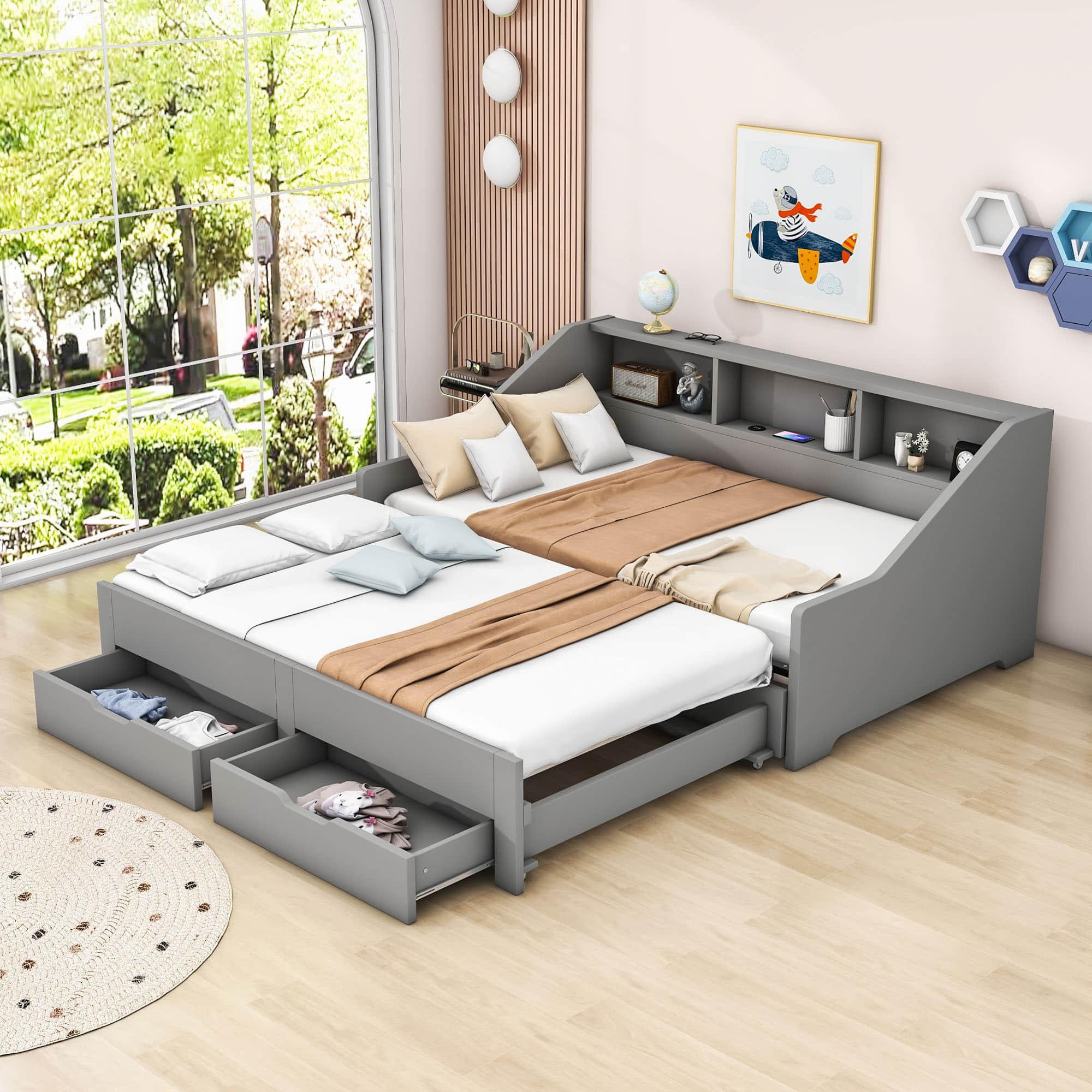 Wooden Twin to King Extendable Daybed with Pull-out Trundle and Storage