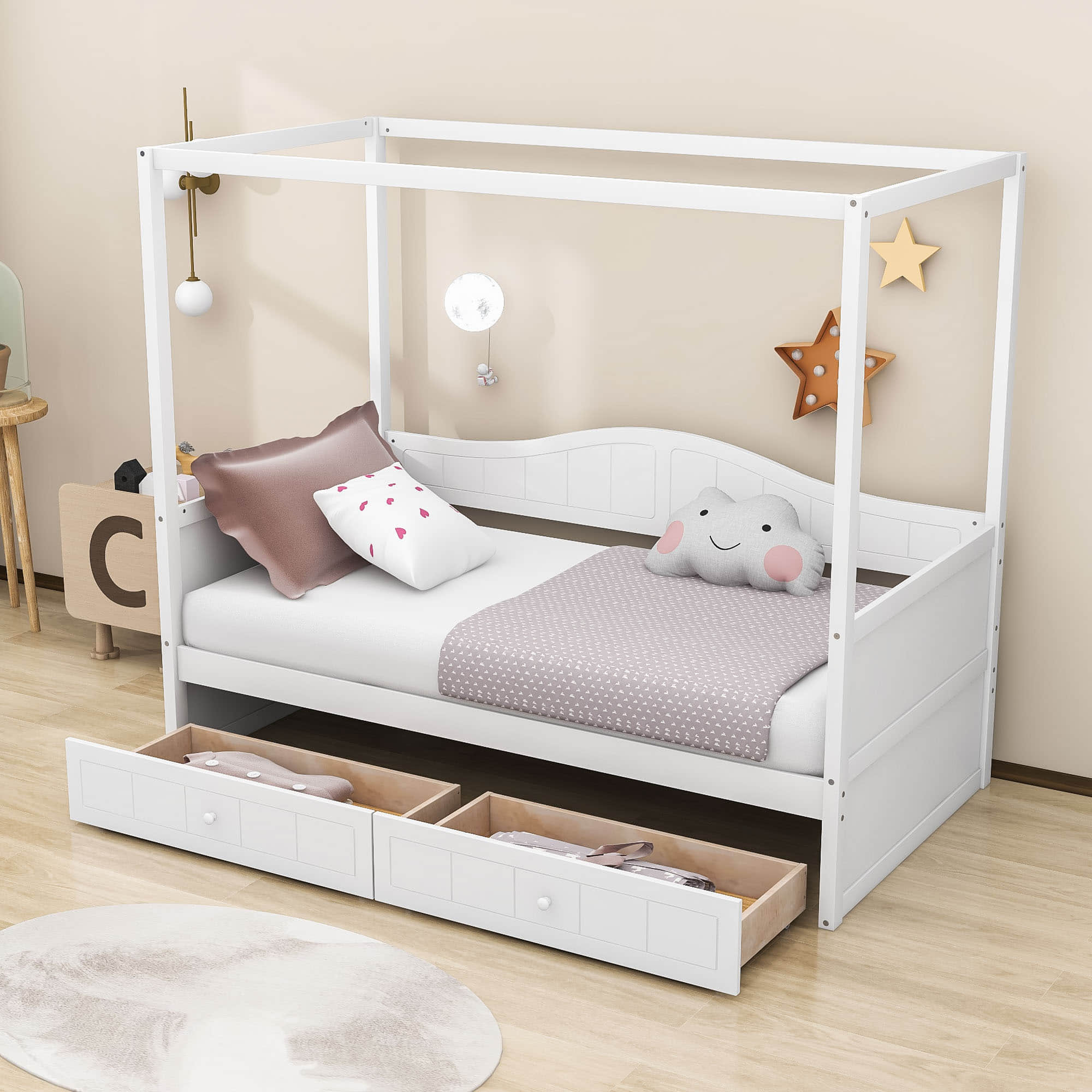 Wood Twin Size Canopy Daybed with Storage Drawers in Living Room