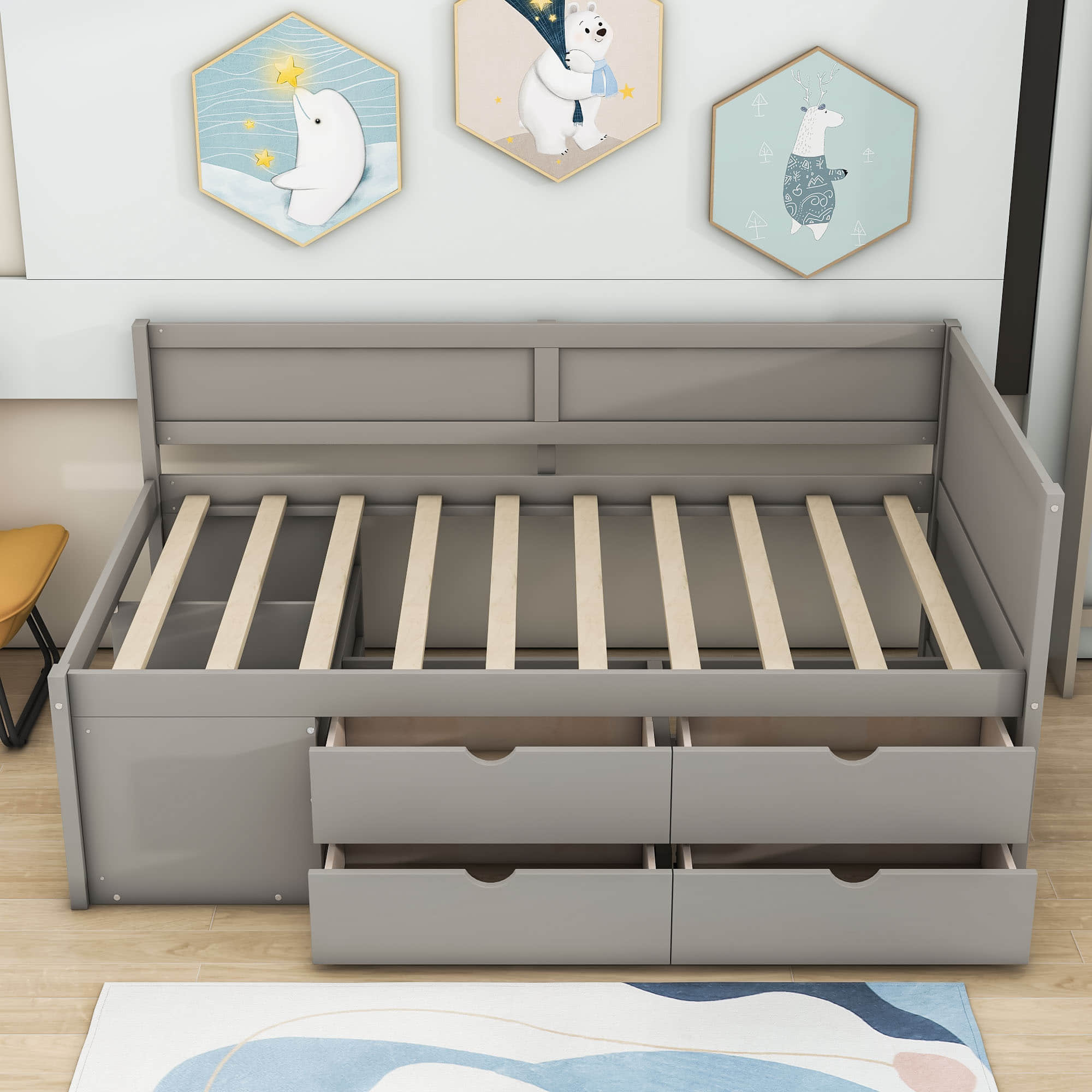 Wood Twin Daybed with Storage Drawers and Shelves for Kids