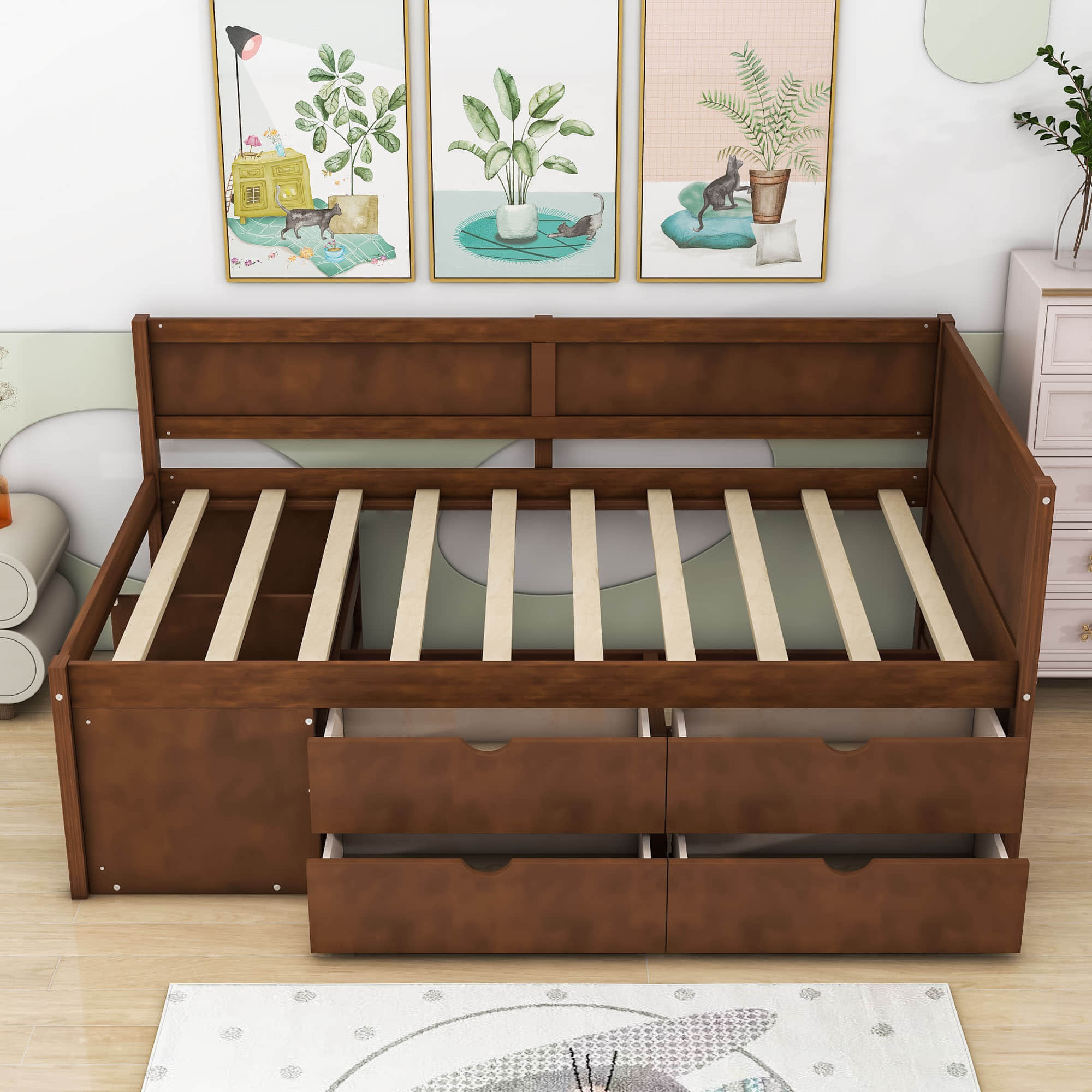 Wood Twin Daybed with Storage Drawers and Shelves for Kids