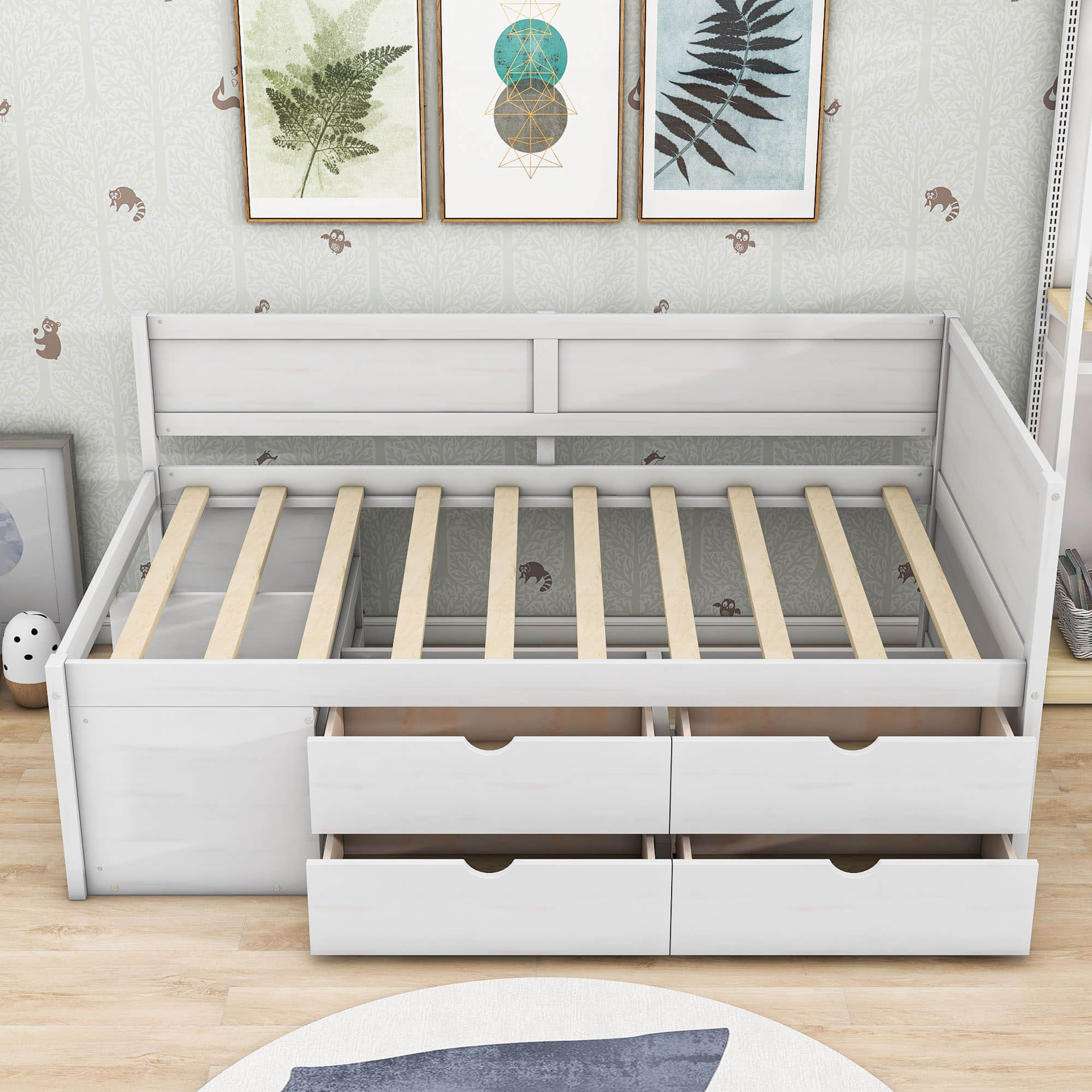 Wood Twin Daybed with Storage Drawers and Shelves for Kids