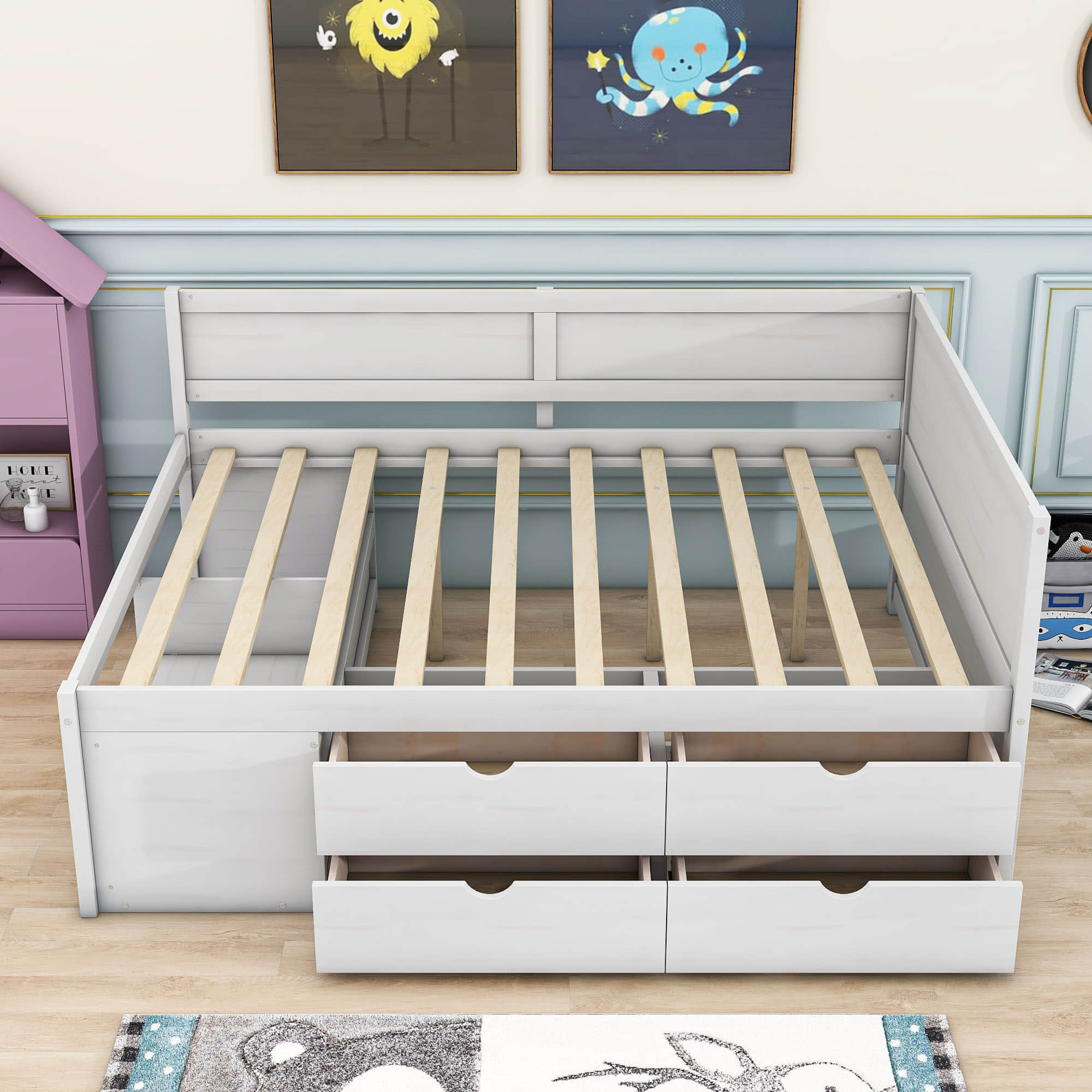 Wood Full Size Daybed with Storage Drawers and Shelves for Kids, Adults