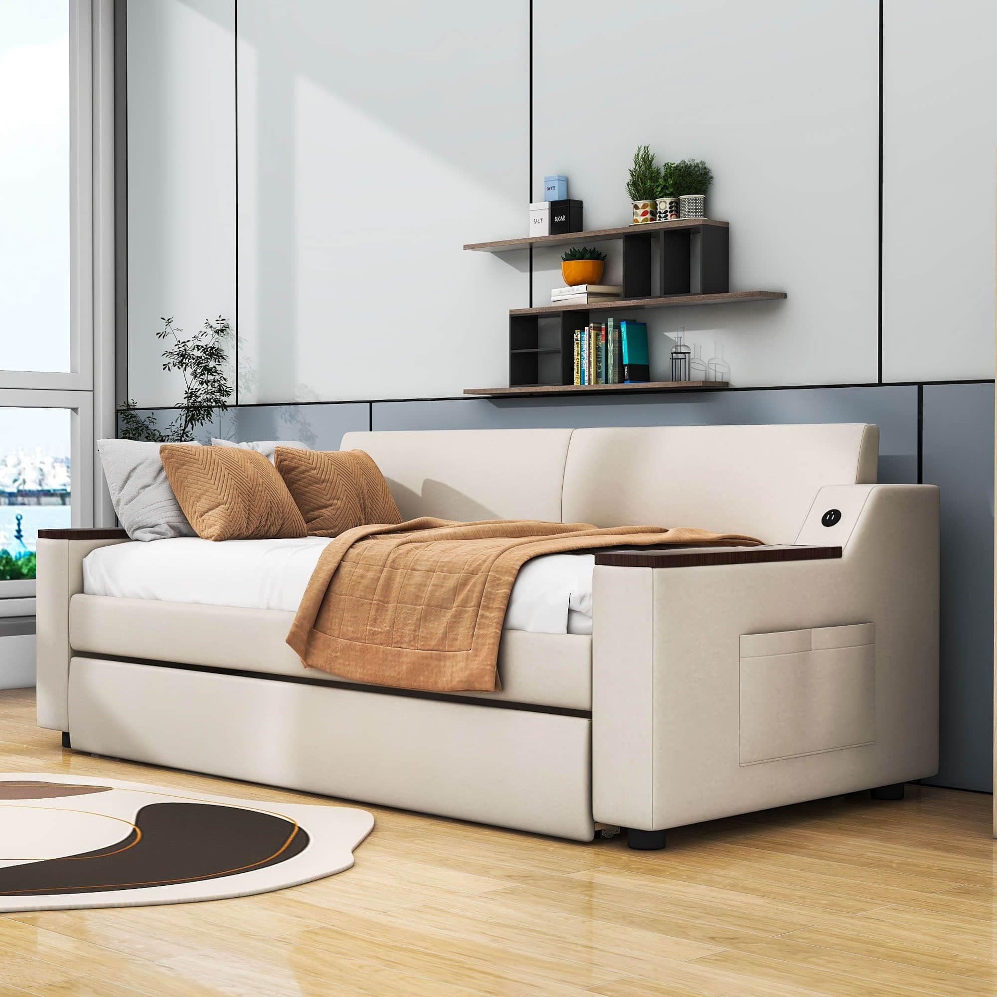 Smart Twin Size Upholstered Daybed Sofa with Trundle and Storage - [USB Ports]