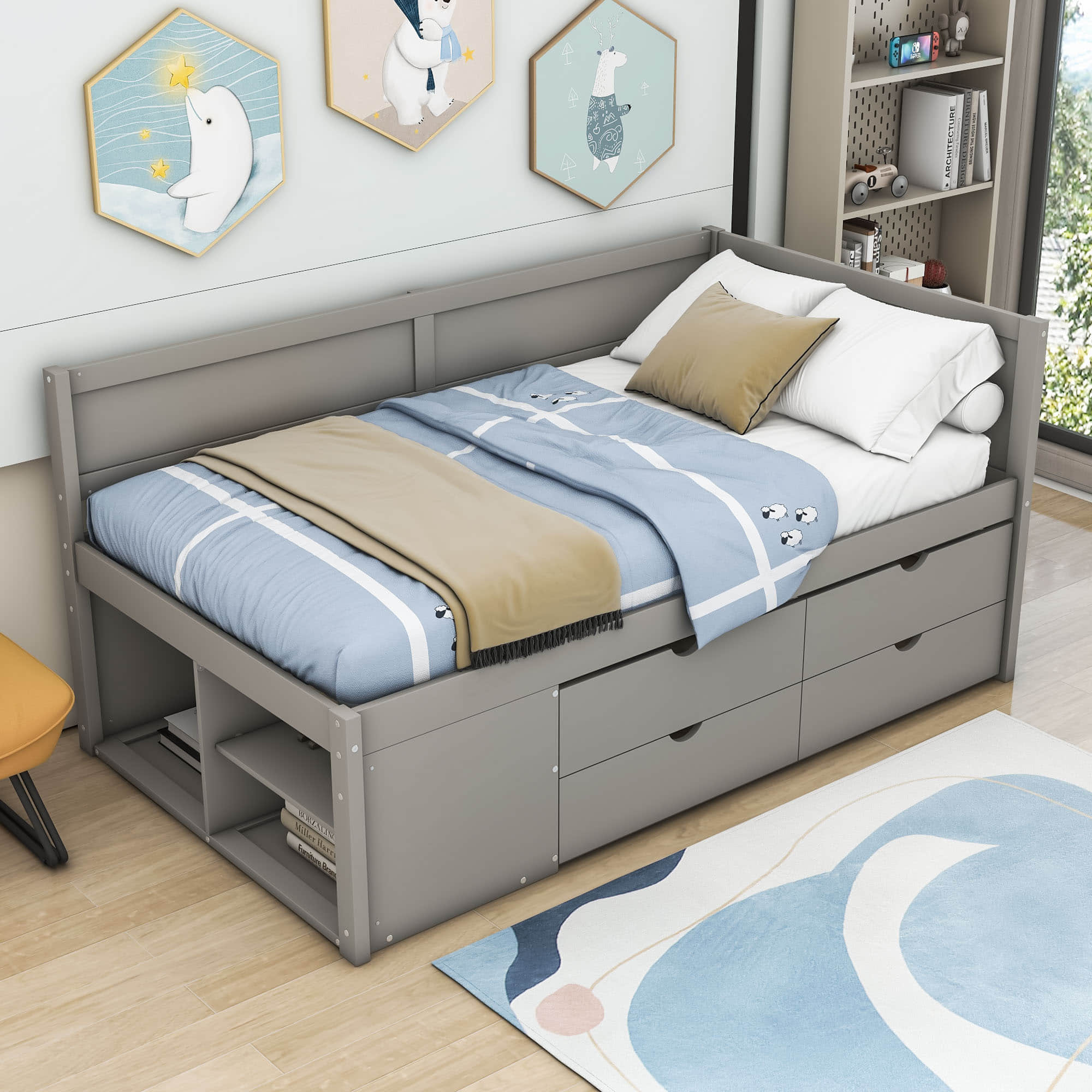 Wood Twin Daybed with Storage Drawers and Shelves for Kids