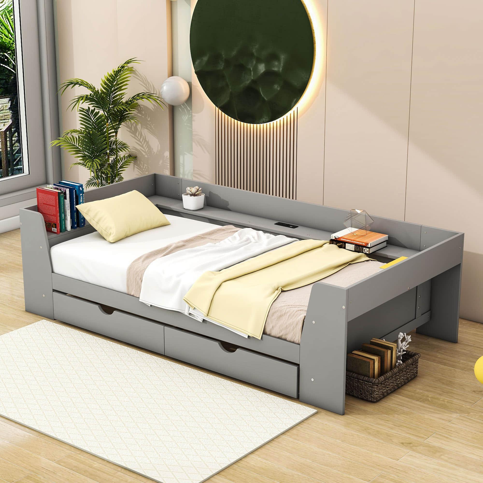 Wooden Twin Daybed with Storage and Charging Station - [Low]