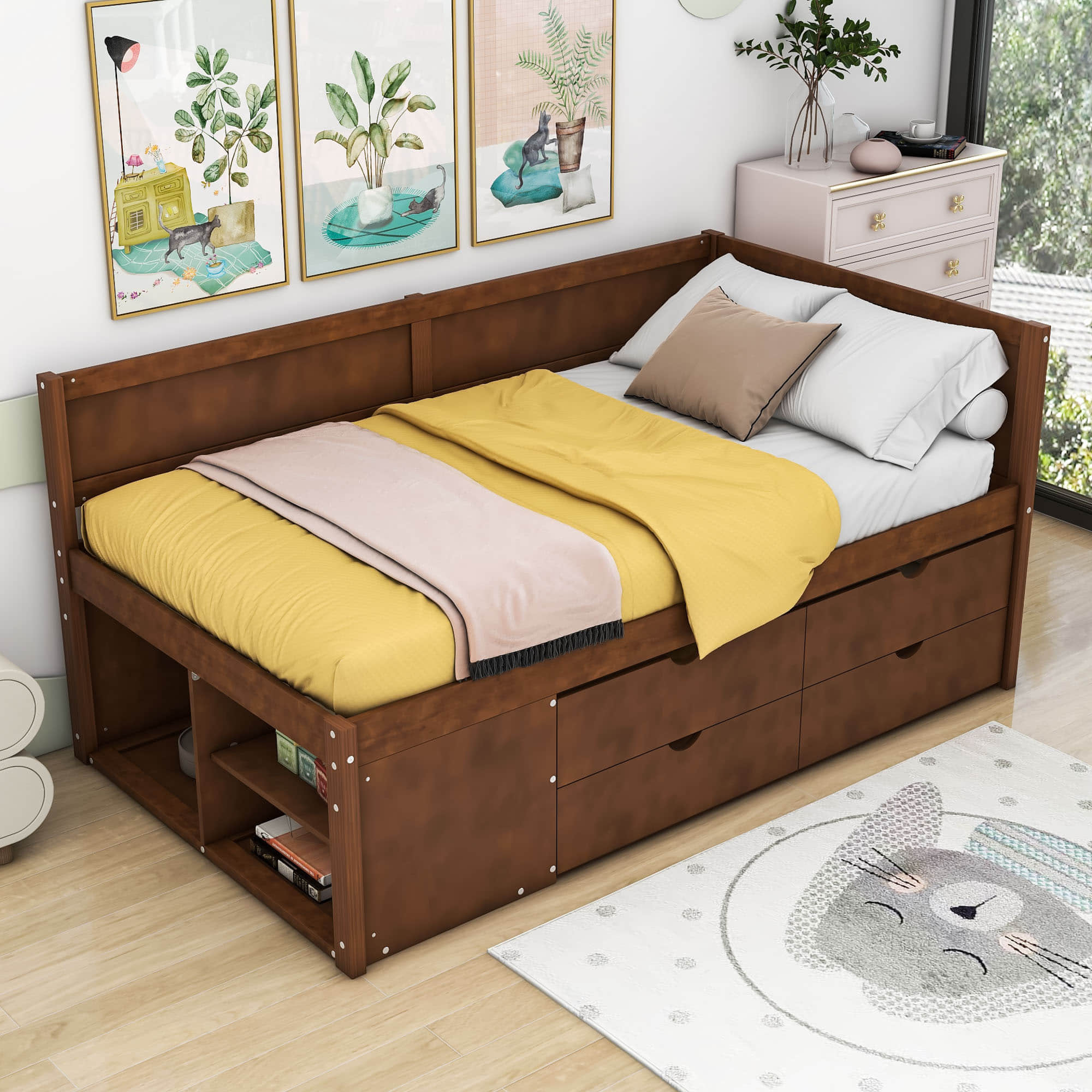 Wood Twin Daybed with Storage Drawers and Shelves for Kids