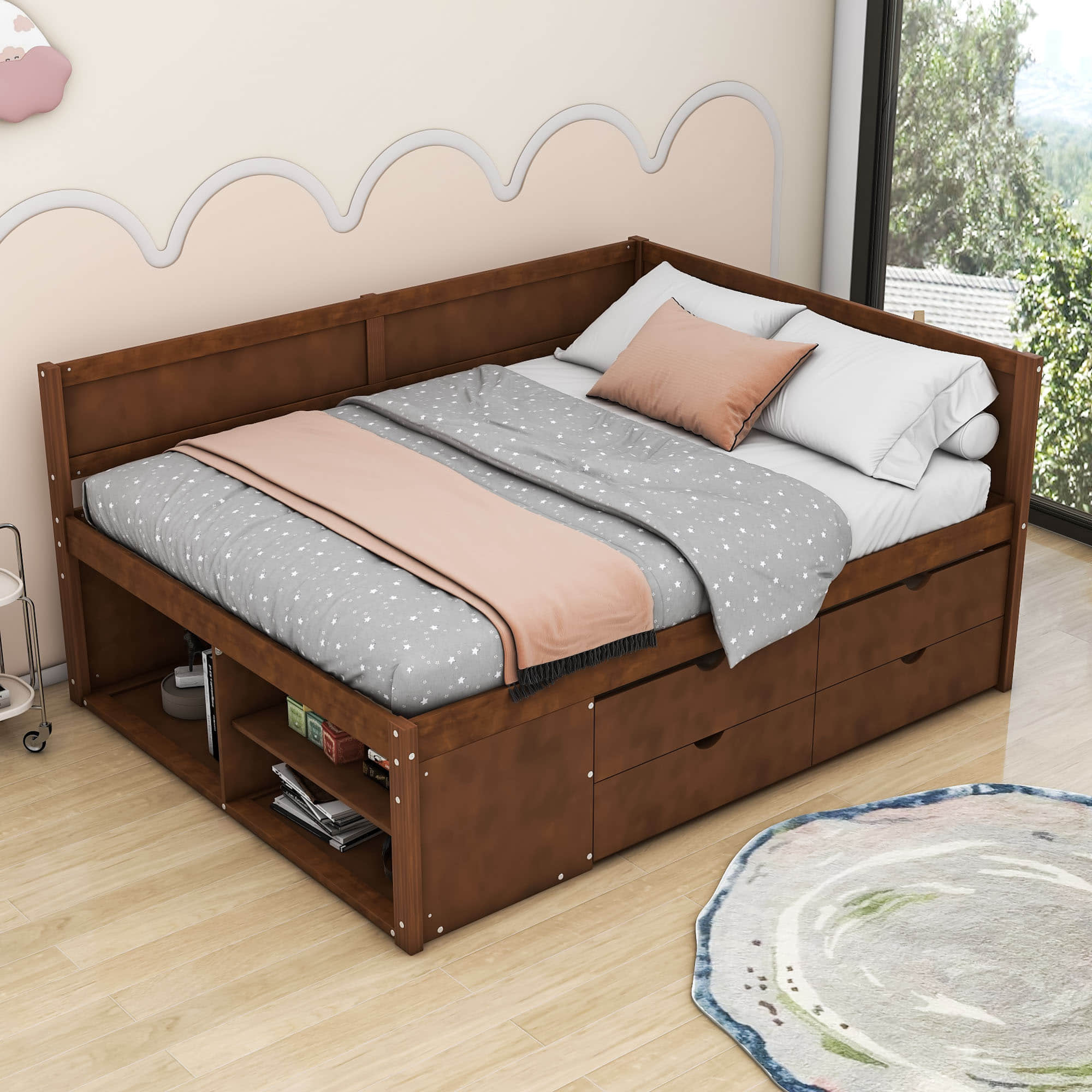 Wood Full Size Daybed with Storage Drawers and Shelves for Kids, Adults