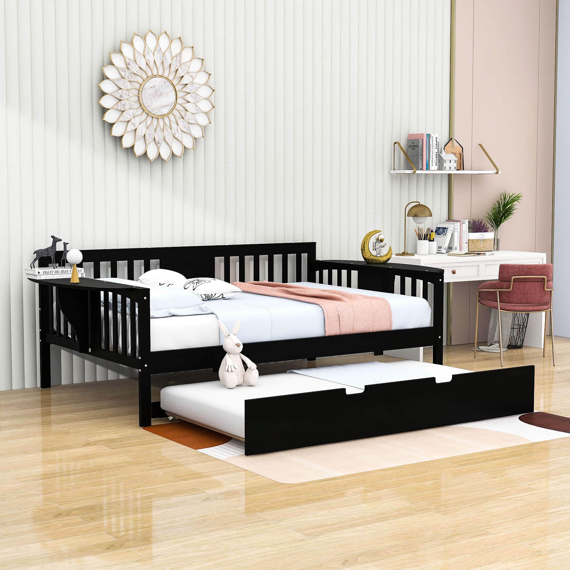 Wooden Full Size Daybed with Trundle Bed and Storage