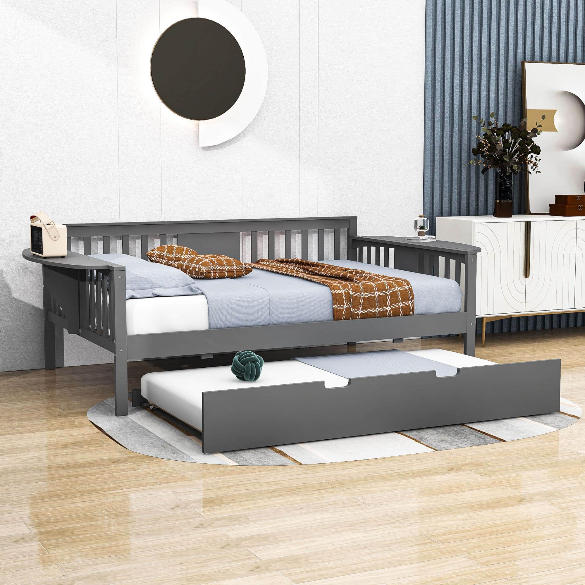 Wooden Full Size Daybed with Trundle Bed and Storage