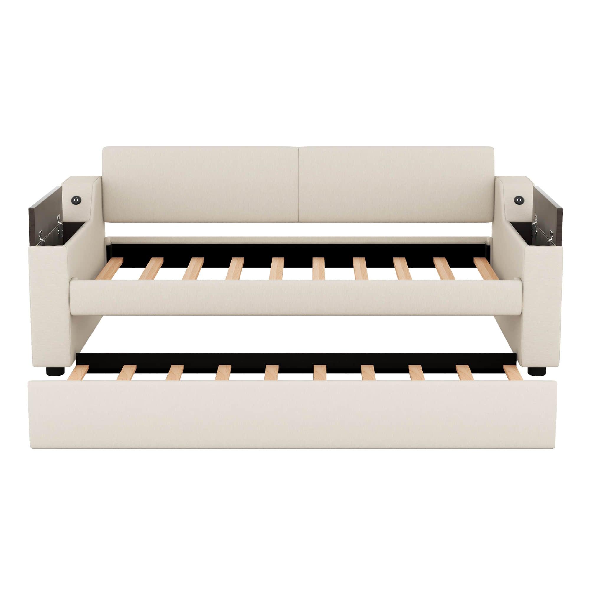 Smart Twin Size Upholstered Daybed Sofa with Trundle and Storage - [USB Ports]