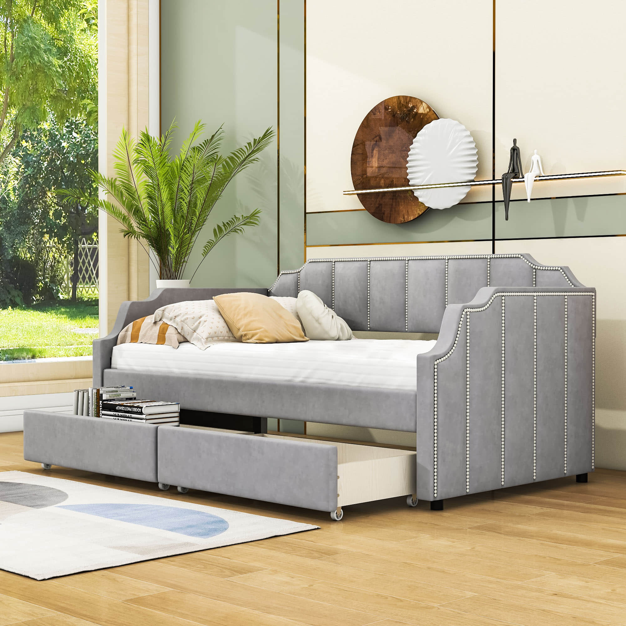 Modern Twin Size Upholstered Daybed with Storage Drawers