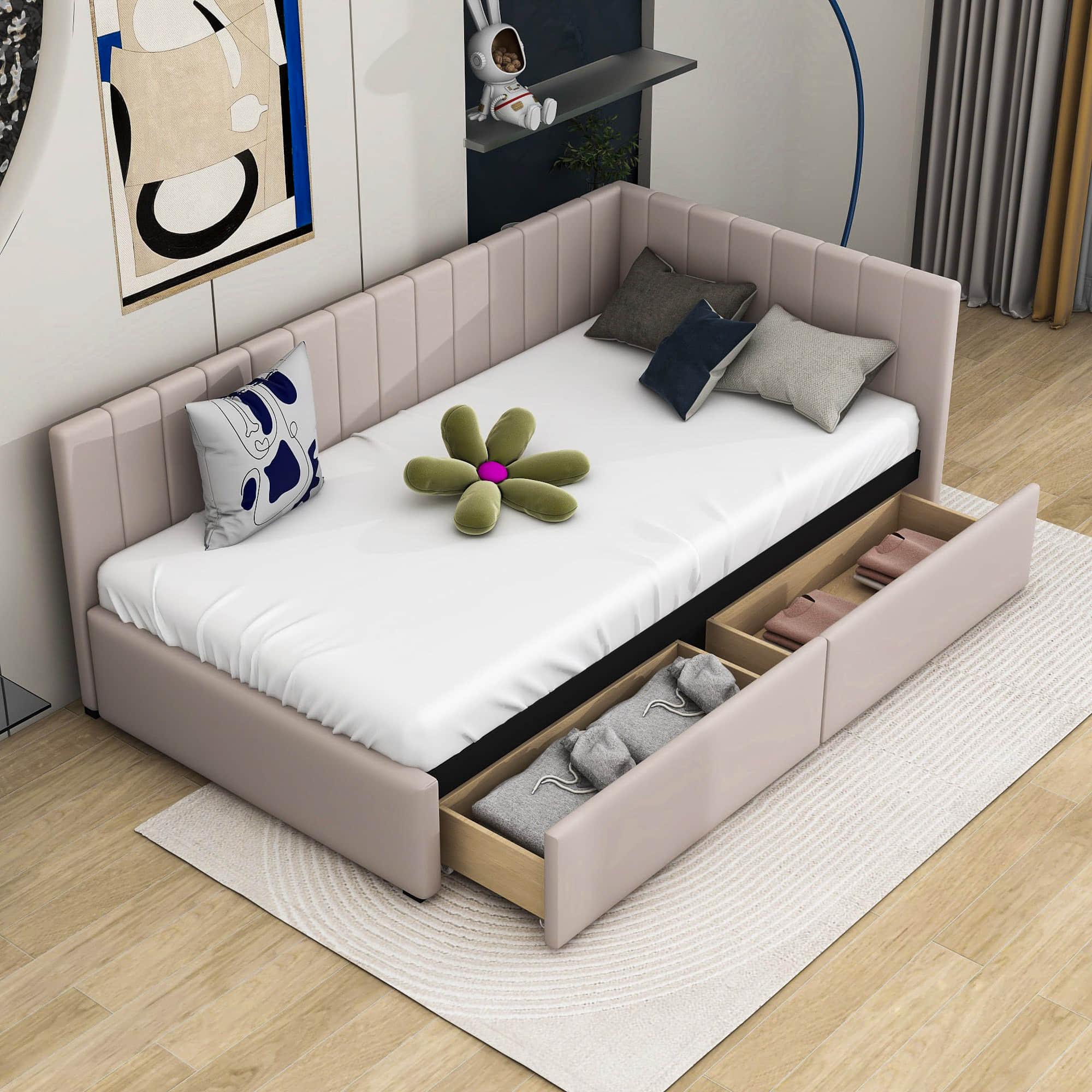 Twin Linen Upholstered Daybed with Storage - [Drawers]