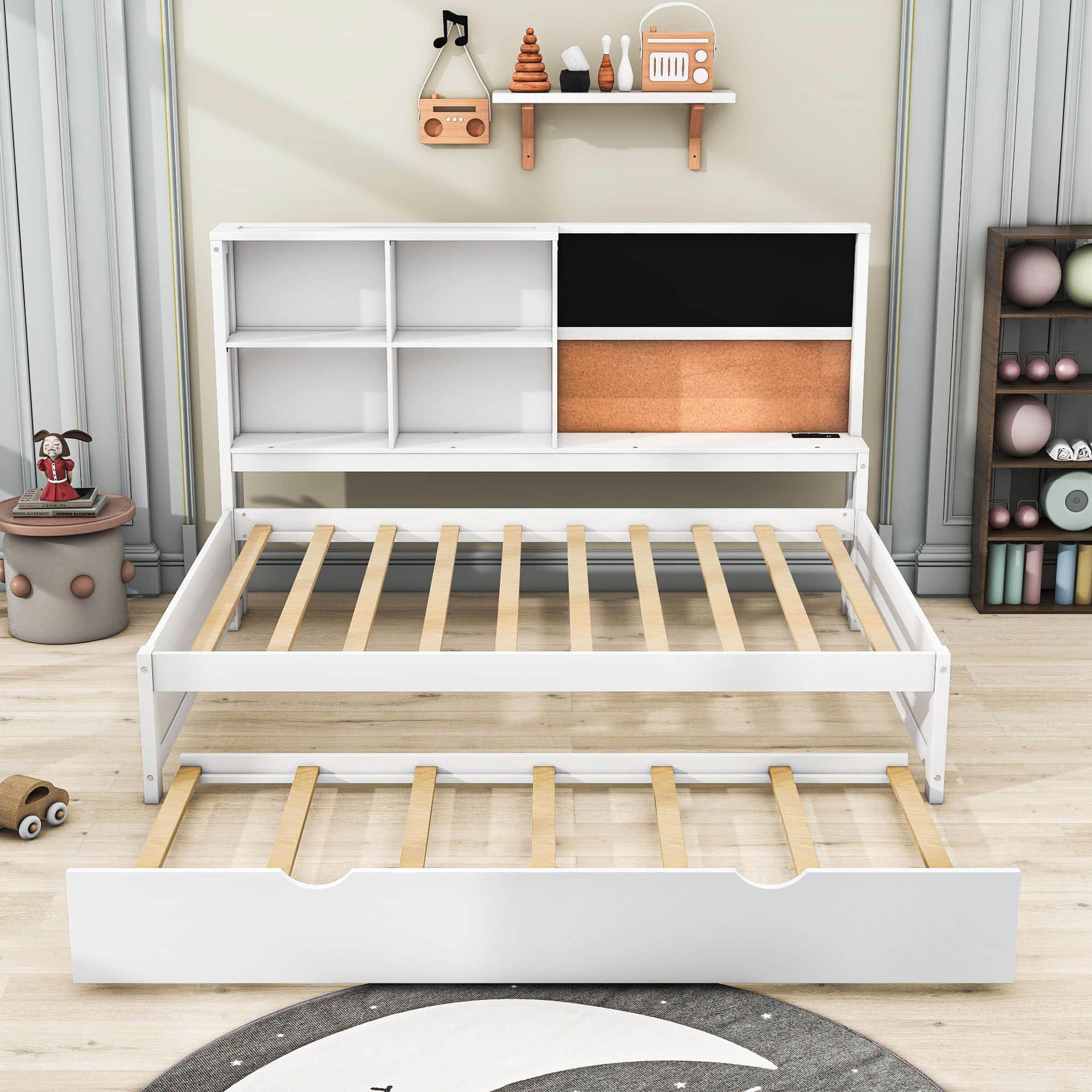 Wooden Smart Full Size Daybed with Trundle and Storage - [Shelves, Chalkboard, USB Ports]