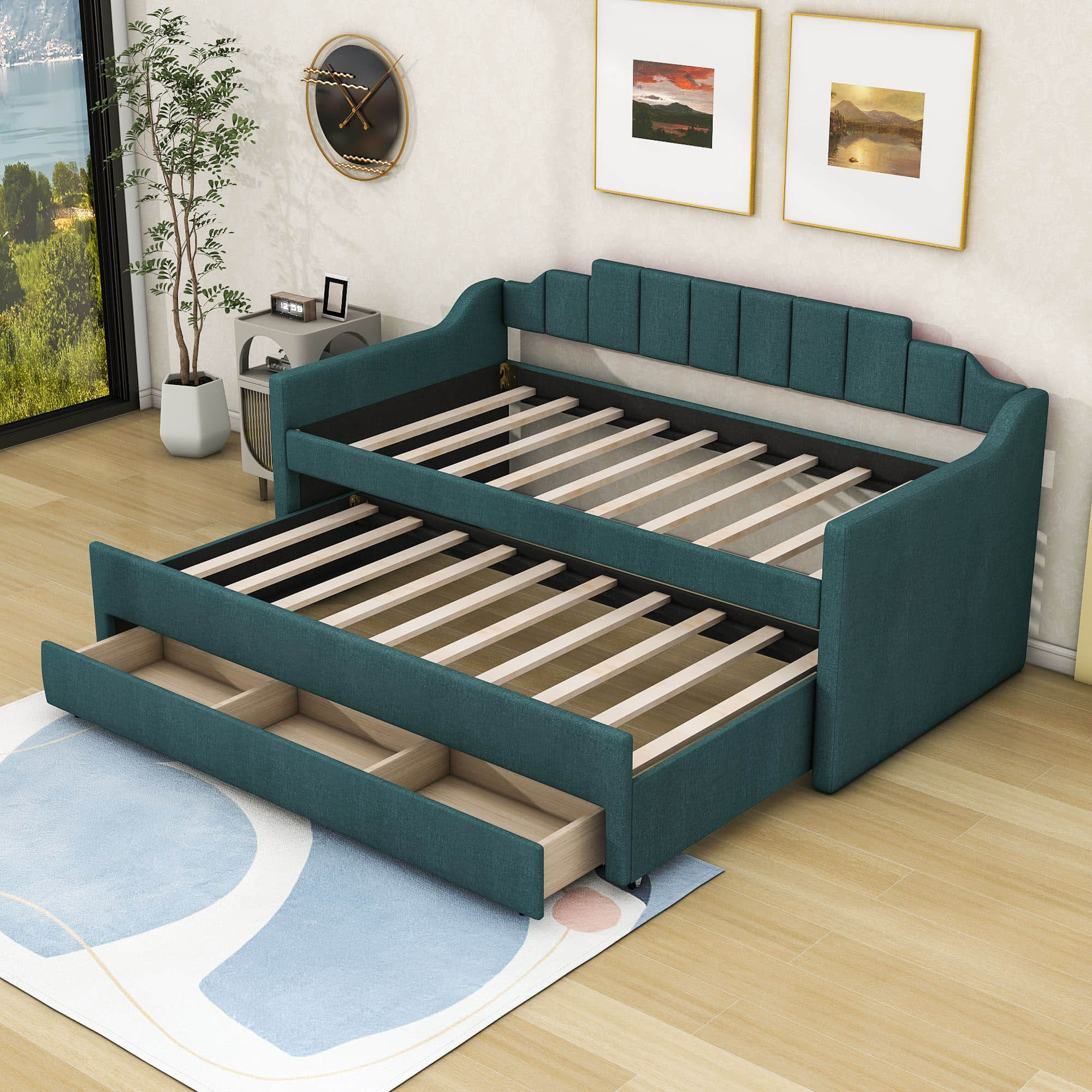 Twin Upholstered Daybed with Trundle and Storage - [Drawers, Linen]