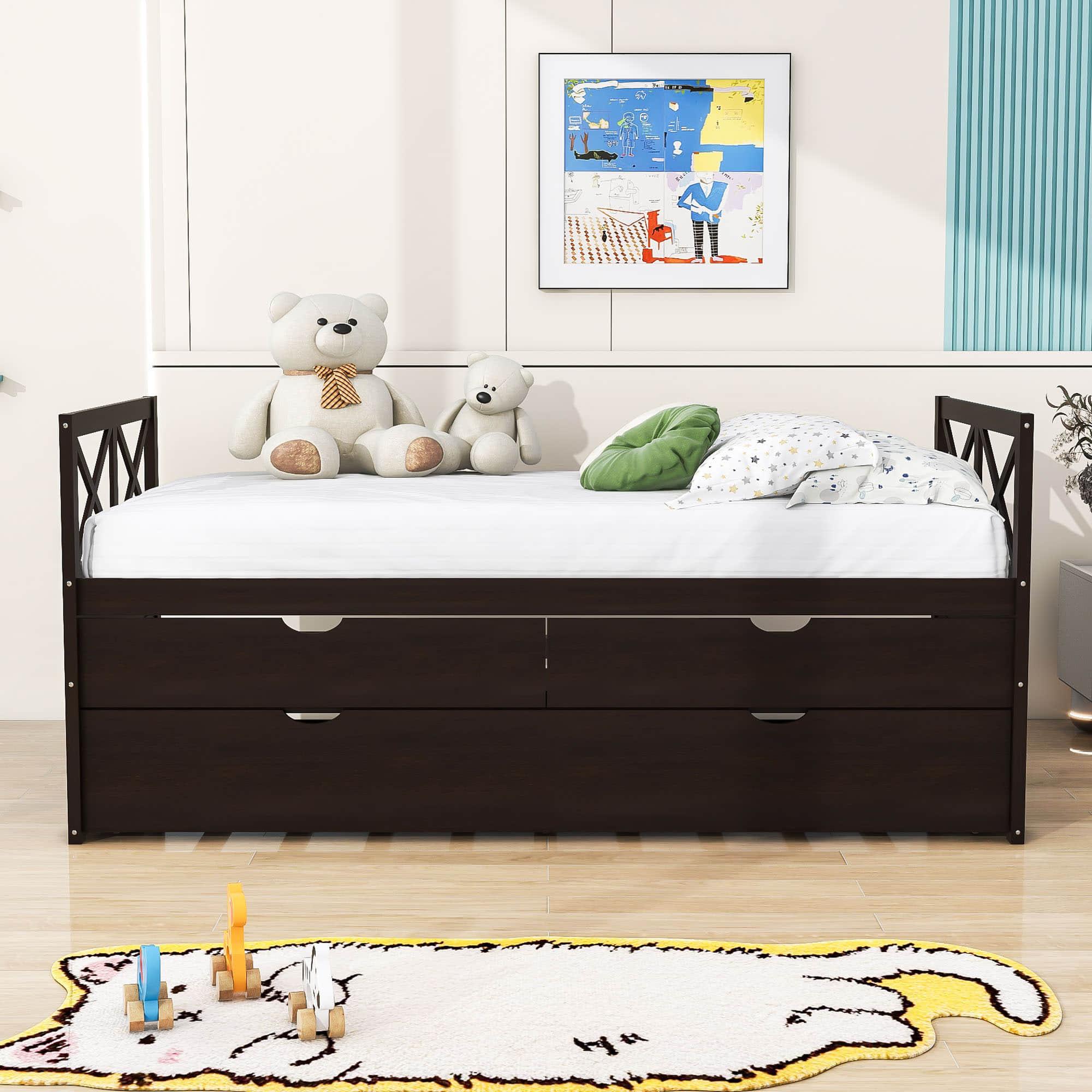 Twin Daybed with Trundle and Storage Drawers for Kids Adults - [Wood, Backless]