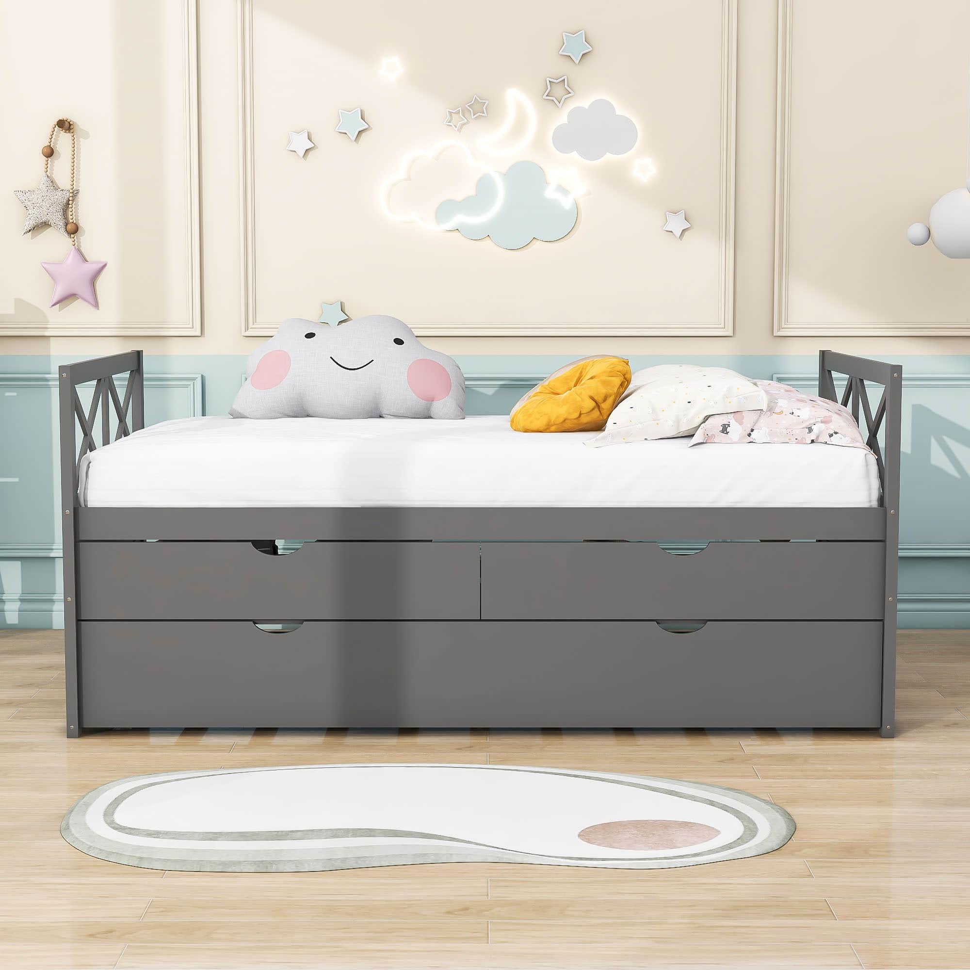 Twin Daybed with Trundle and Storage Drawers for Kids Adults - [Wood, Backless]